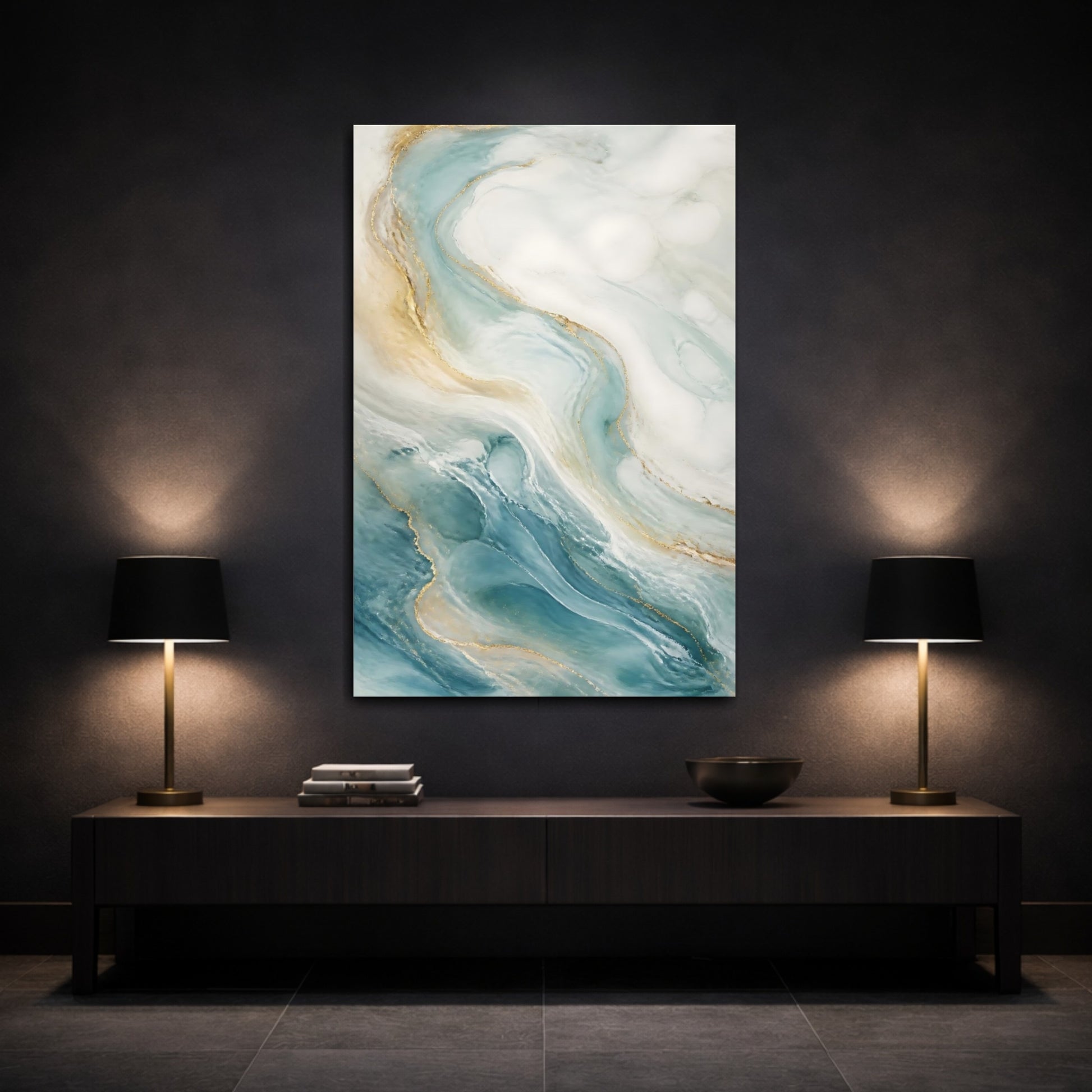 Mockup 3. Abstract Fluid Abstract Blue Gold Abstract shown as stretched canvas wall art