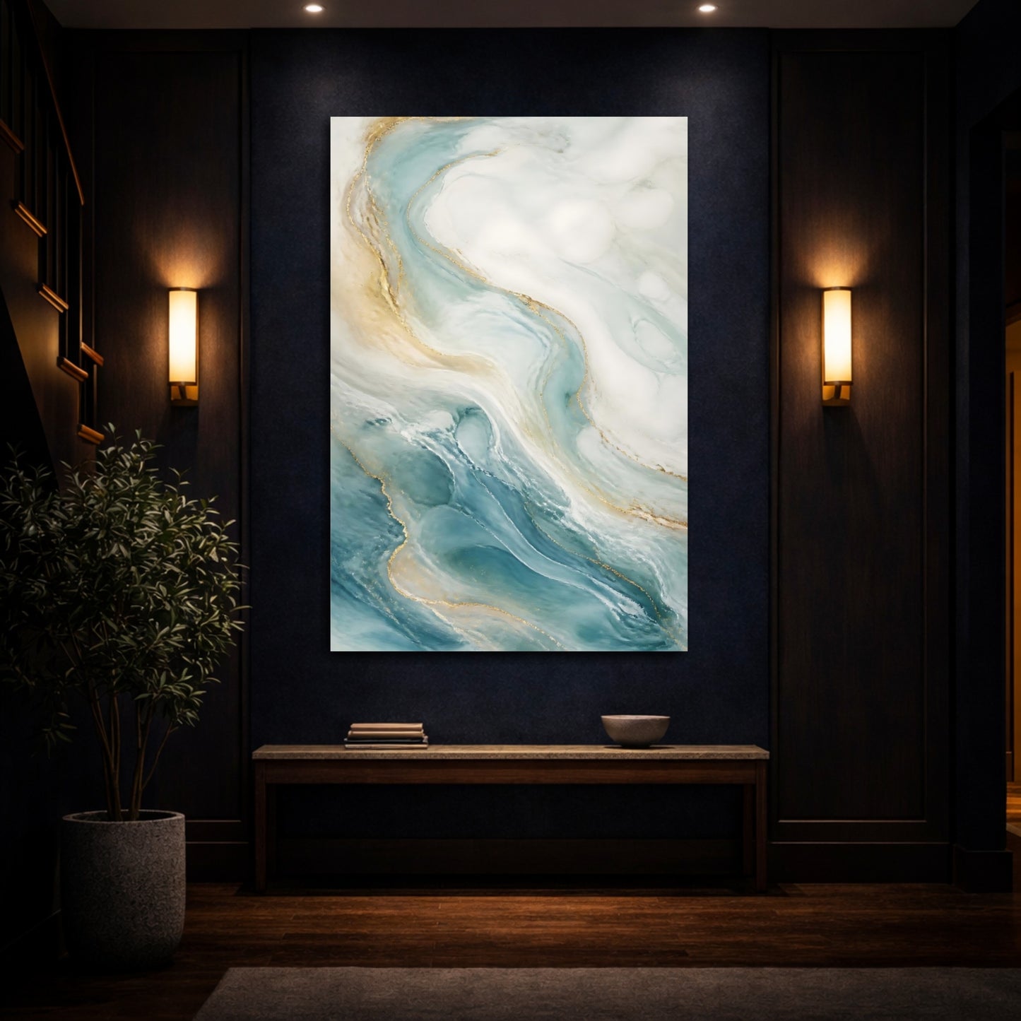 Mockup 4. Abstract Fluid Abstract Blue Gold Abstract shown as stretched canvas wall art