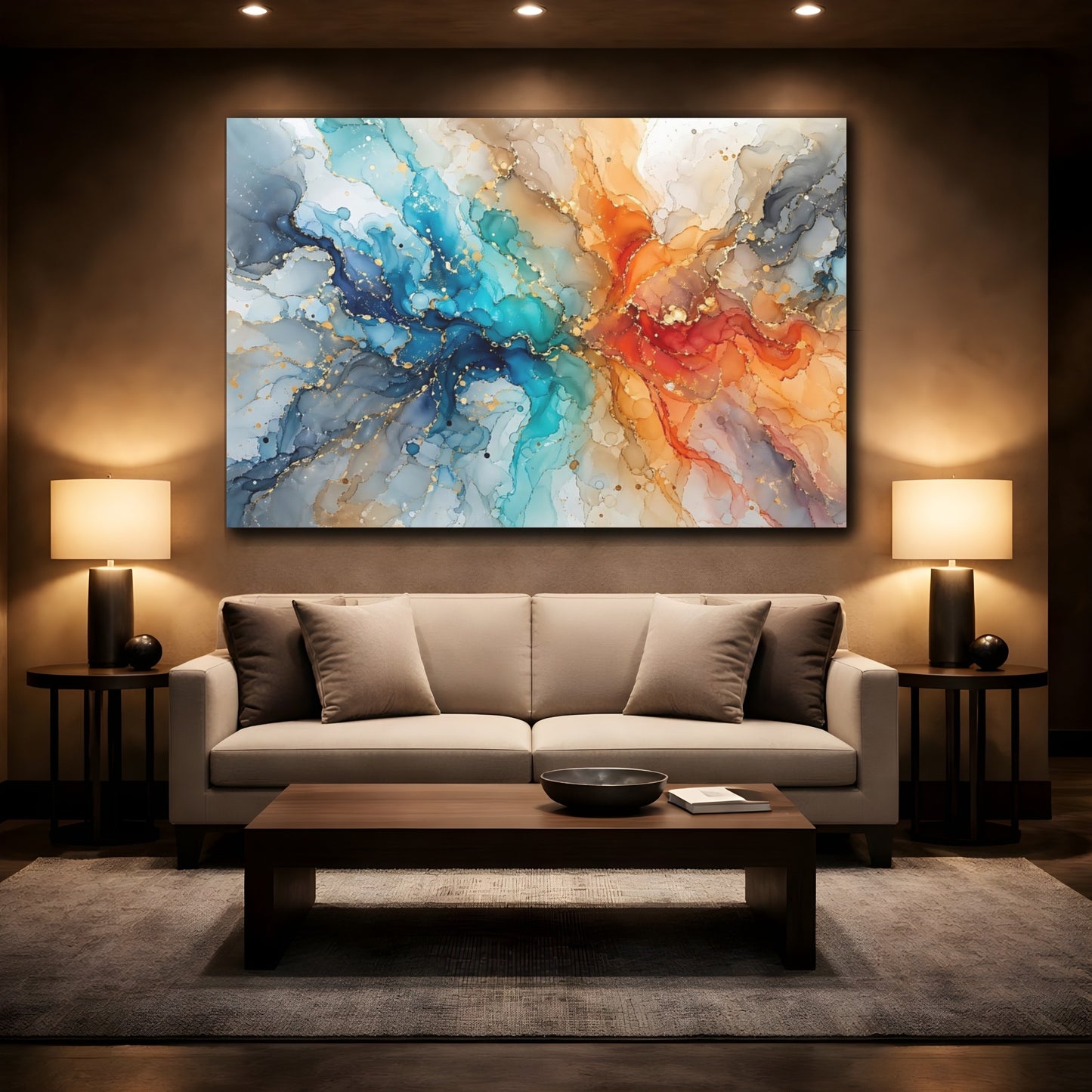 Mockup 2. Abstract Fluid Abstract Blue Orange Abstract shown as stretched canvas wall art