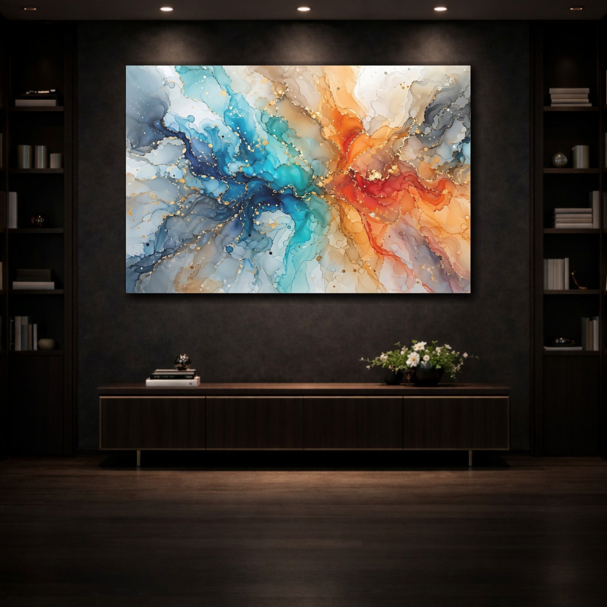 Mockup 3. Abstract Fluid Abstract Blue Orange Abstract shown as stretched canvas wall art