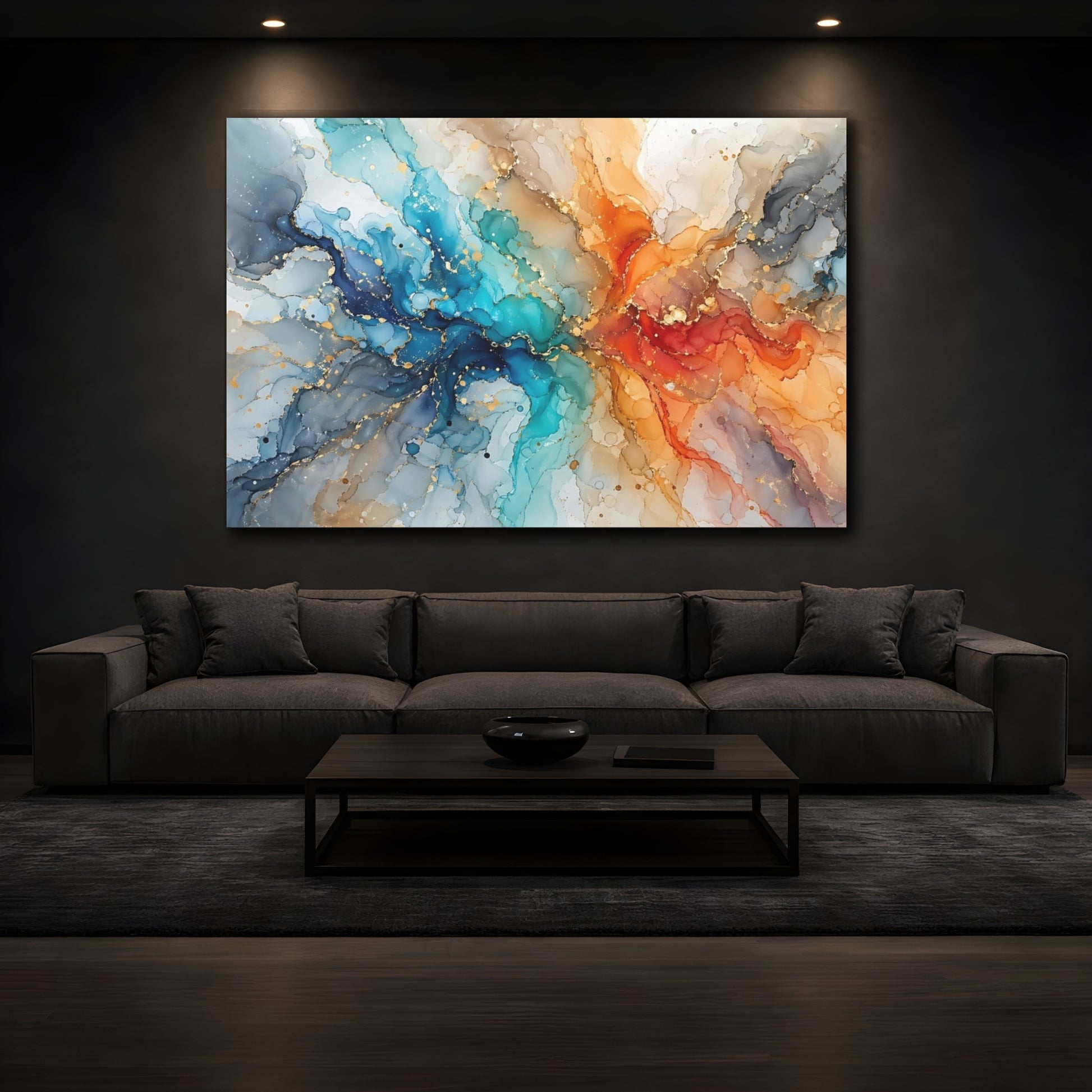 Mockup 4. Abstract Fluid Abstract Blue Orange Abstract shown as stretched canvas wall art