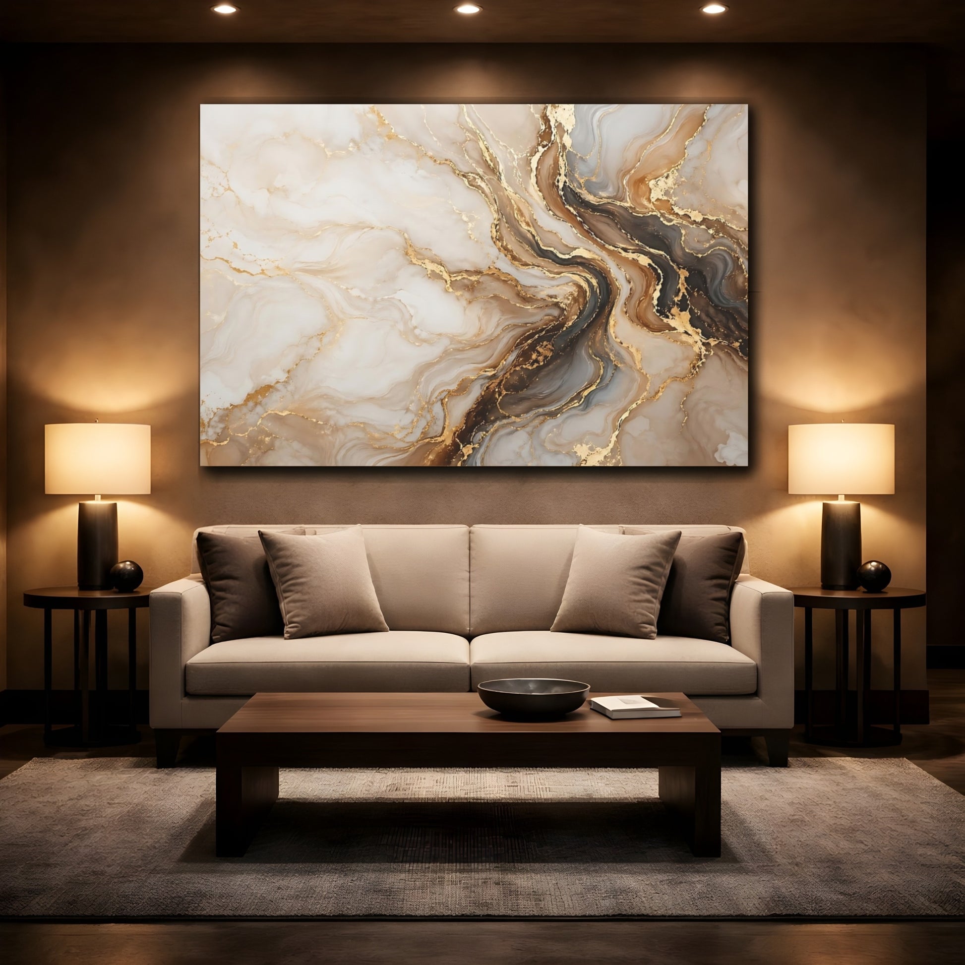 Mockup 2. Abstract Fluid Abstract Gold And Brown shown as stretched canvas wall art