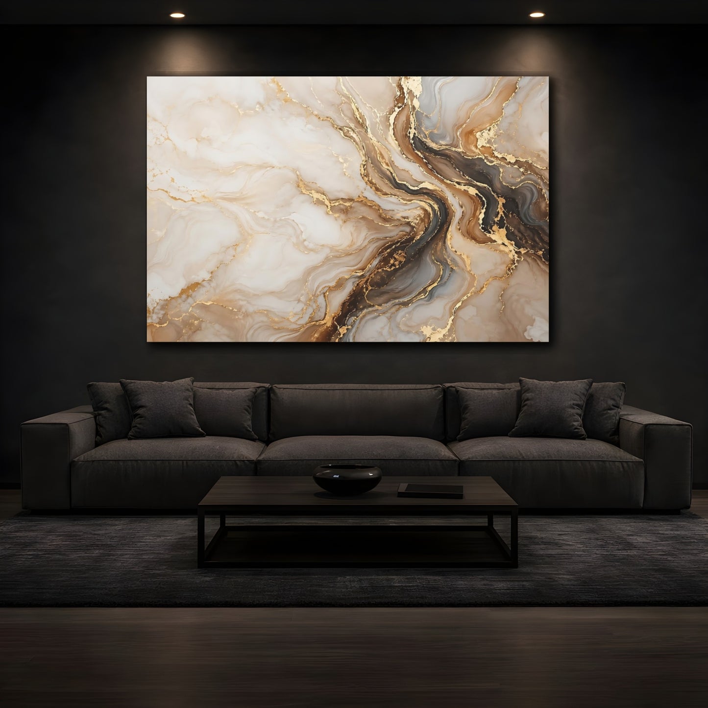 Mockup 3. Abstract Fluid Abstract Gold And Brown shown as stretched canvas wall art