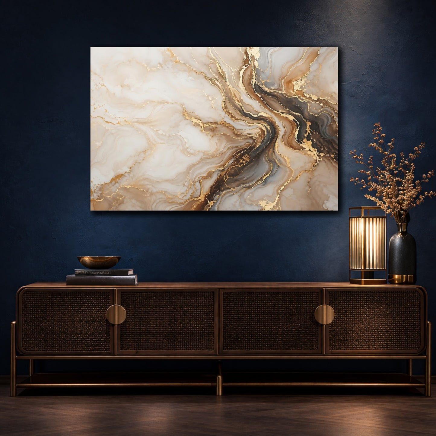 Mockup 4. Abstract Fluid Abstract Gold And Brown shown as stretched canvas wall art