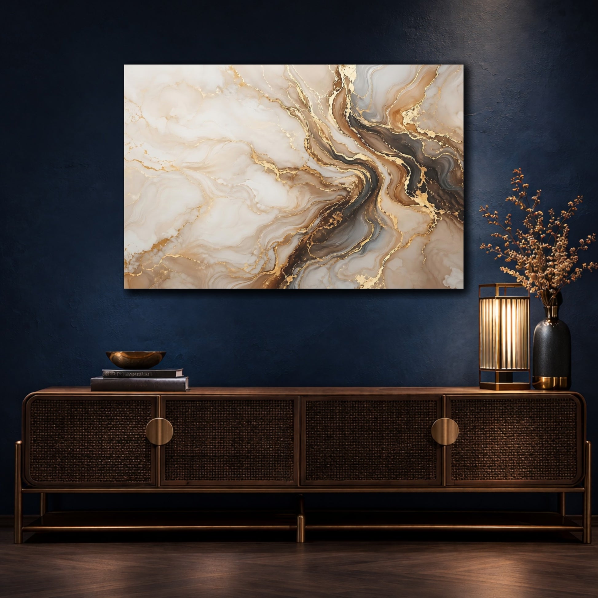 Mockup 4. Abstract Fluid Abstract Gold And Brown shown as stretched canvas wall art