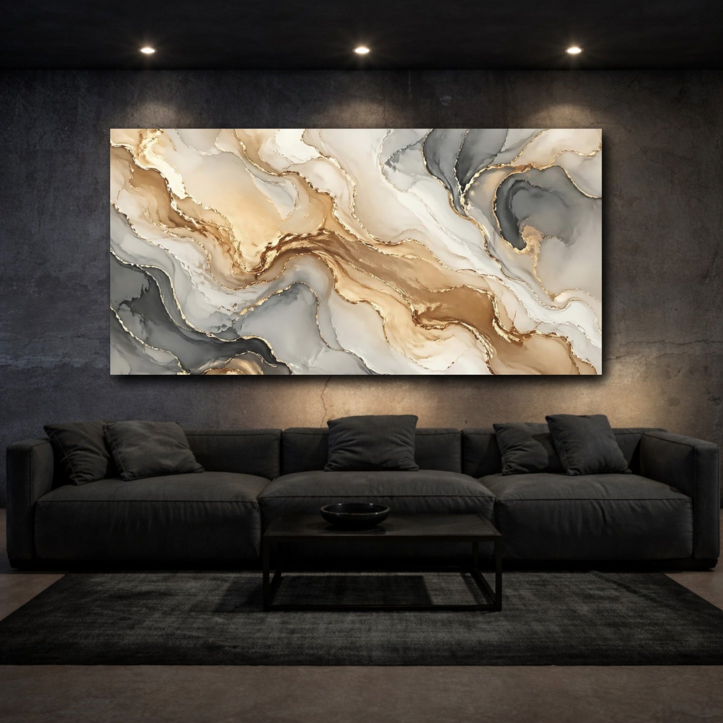Mockup 2. Abstract Fluid Abstract Gold And Grey shown as stretched canvas wall art