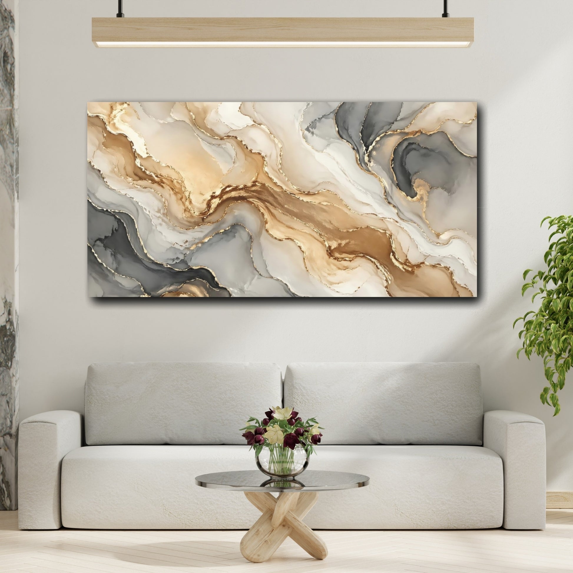 Mockup 3. Abstract Fluid Abstract Gold And Grey shown as stretched canvas wall art