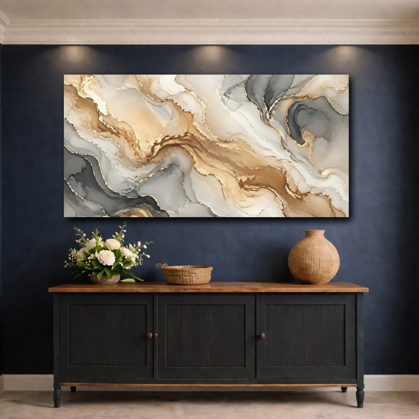 Mockup 4. Abstract Fluid Abstract Gold And Grey shown as stretched canvas wall art