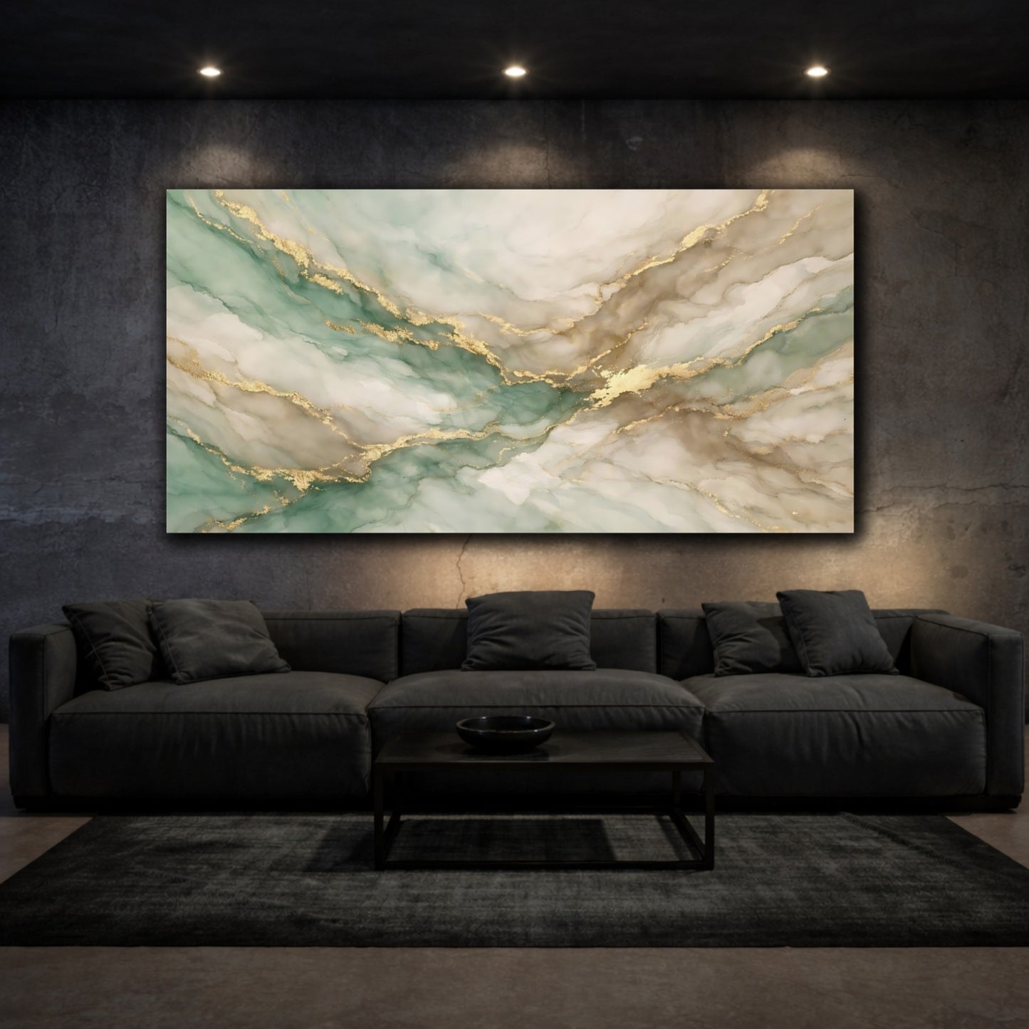Mockup 2. Abstract Fluid Abstract Green Gold Abstract shown as stretched canvas wall art