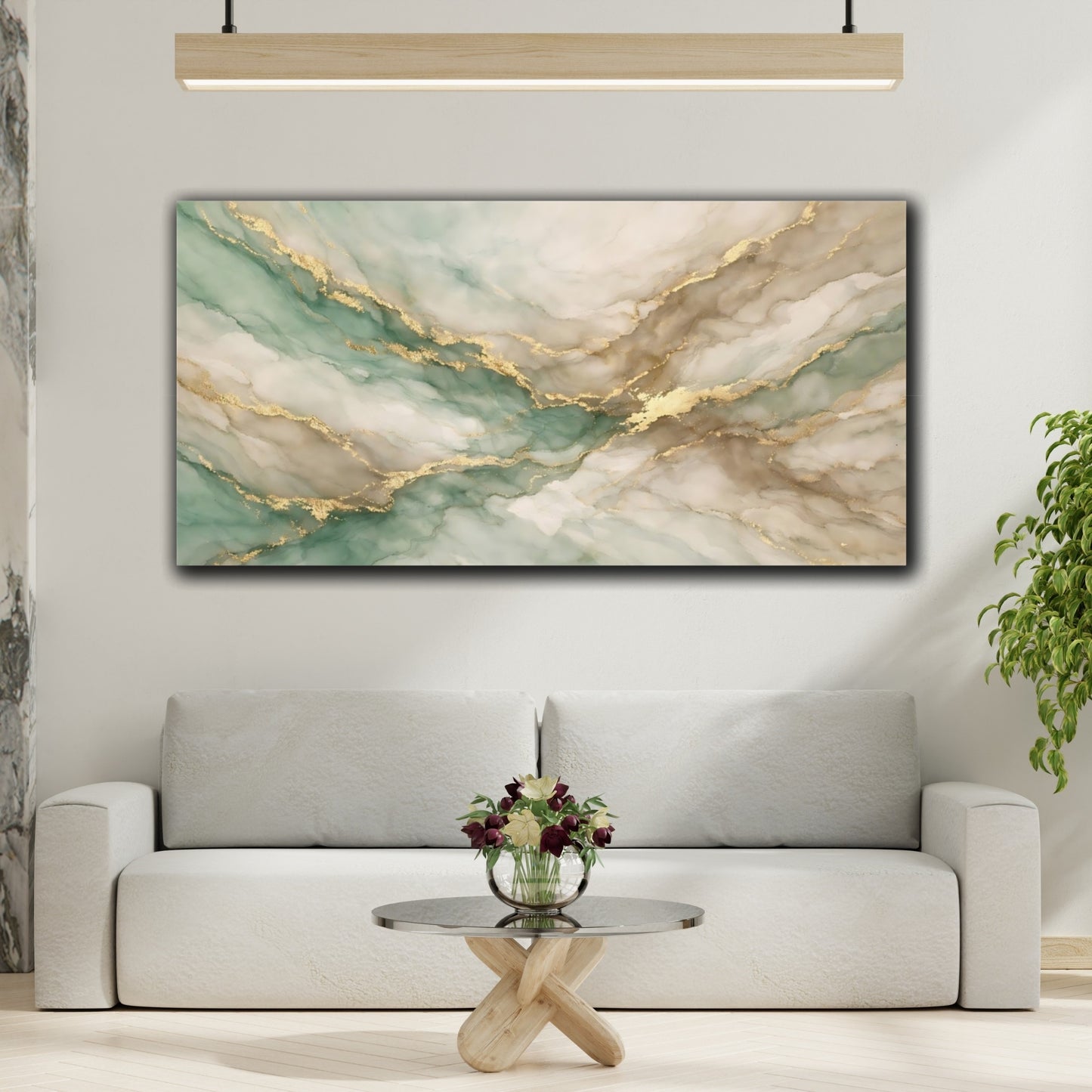 Mockup 3. Abstract Fluid Abstract Green Gold Abstract shown as stretched canvas wall art