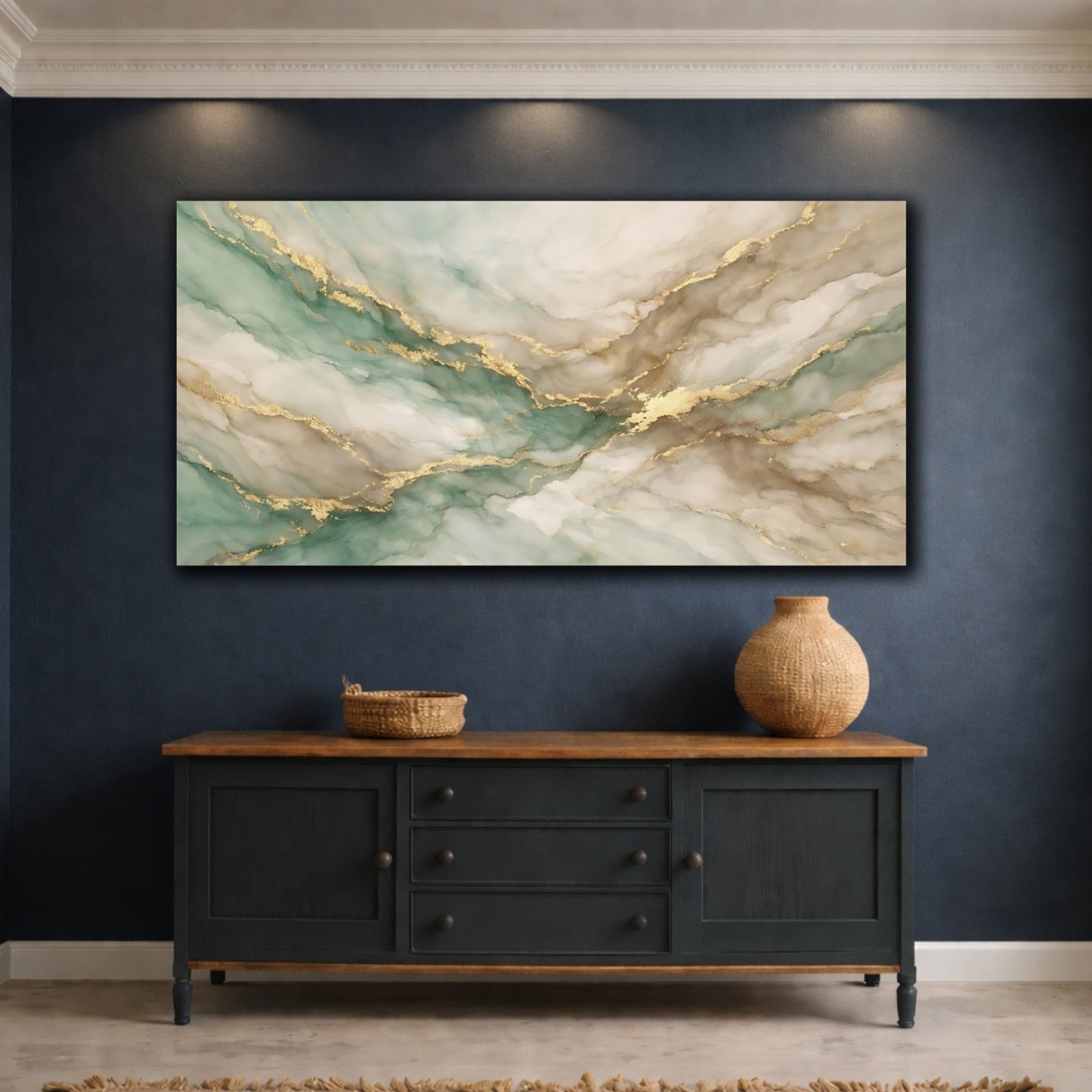 Mockup 4. Abstract Fluid Abstract Green Gold Abstract shown as stretched canvas wall art
