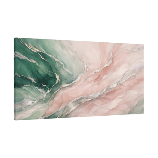 Main Mockup. Abstract Fluid Abstract Green Pink Marble shown as stretched canvas wall art
