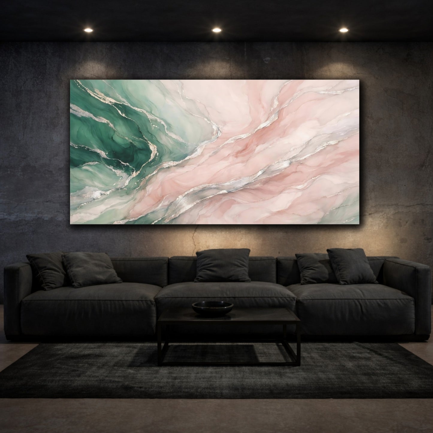 Mockup 2. Abstract Fluid Abstract Green Pink Marble shown as stretched canvas wall art