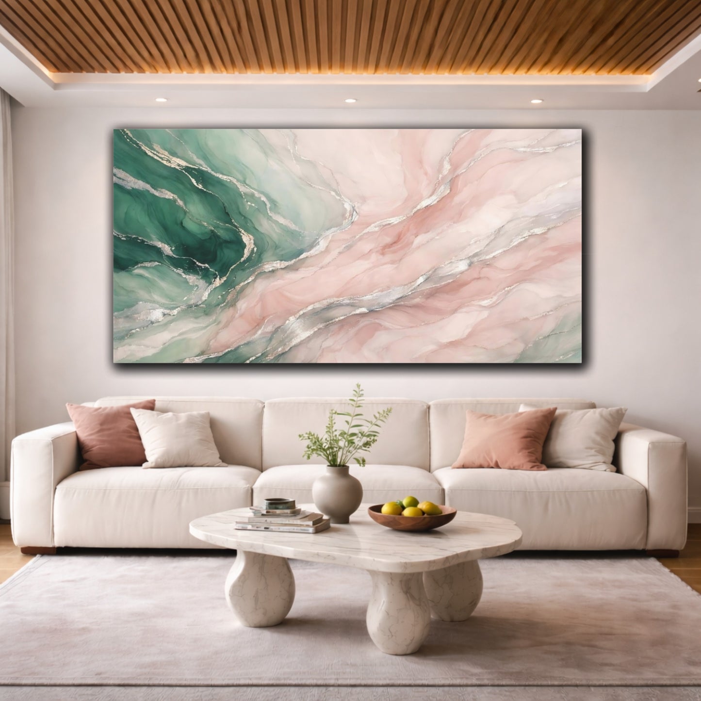 Mockup 3. Abstract Fluid Abstract Green Pink Marble shown as stretched canvas wall art