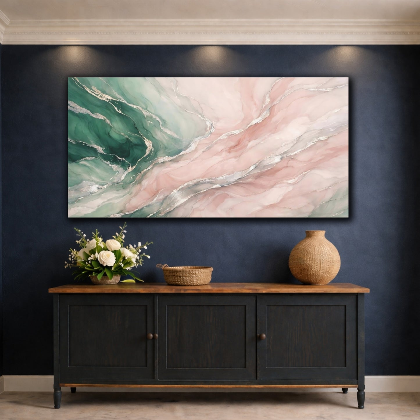 Mockup 4. Abstract Fluid Abstract Green Pink Marble shown as stretched canvas wall art