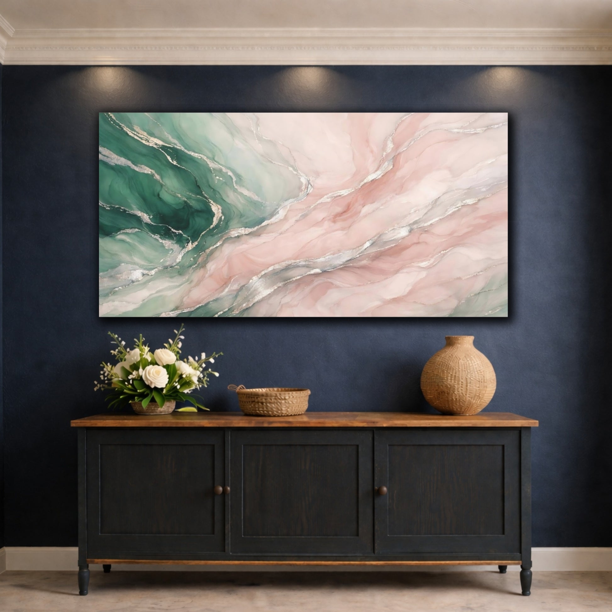 Mockup 4. Abstract Fluid Abstract Green Pink Marble shown as stretched canvas wall art