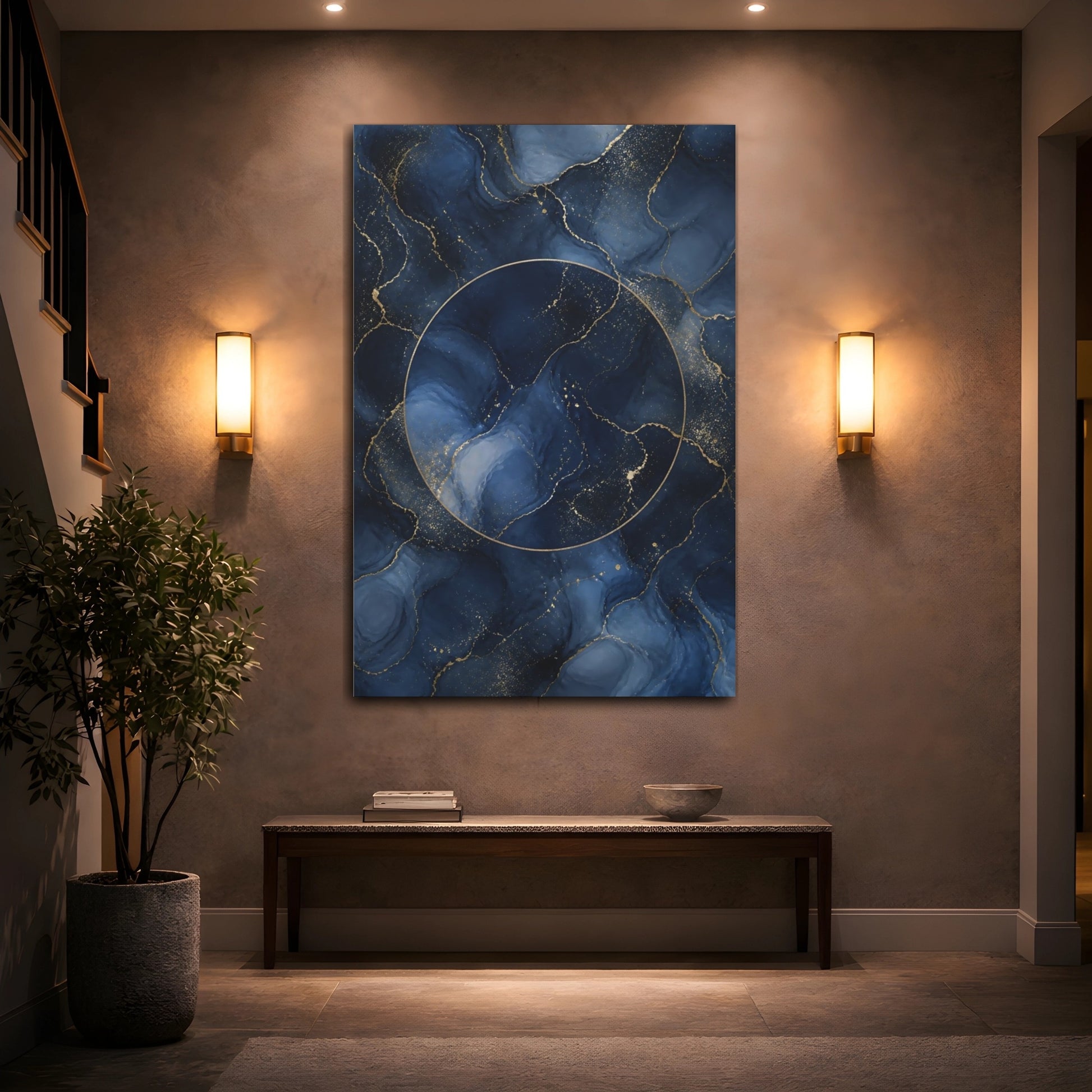 Mockup 2. Abstract Fluid Abstract Navy Gold Abstract shown as stretched canvas wall art
