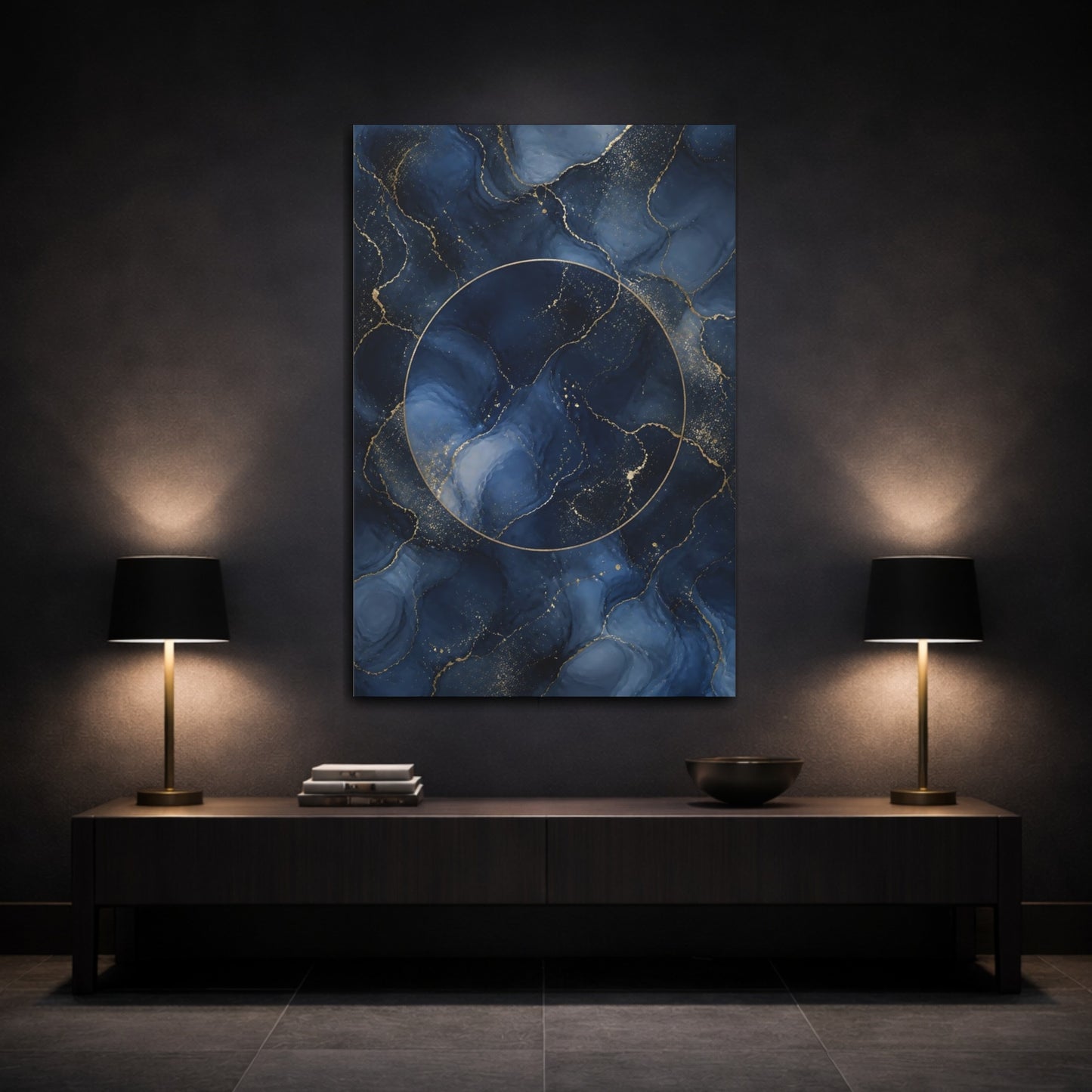 Mockup 3. Abstract Fluid Abstract Navy Gold Abstract shown as stretched canvas wall art