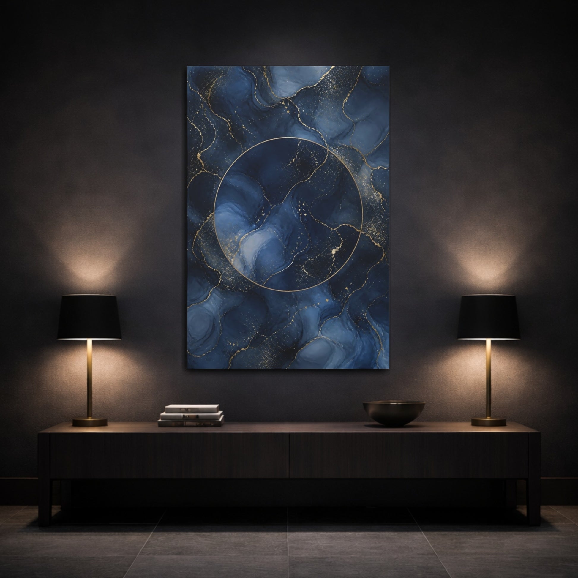 Mockup 3. Abstract Fluid Abstract Navy Gold Abstract shown as stretched canvas wall art