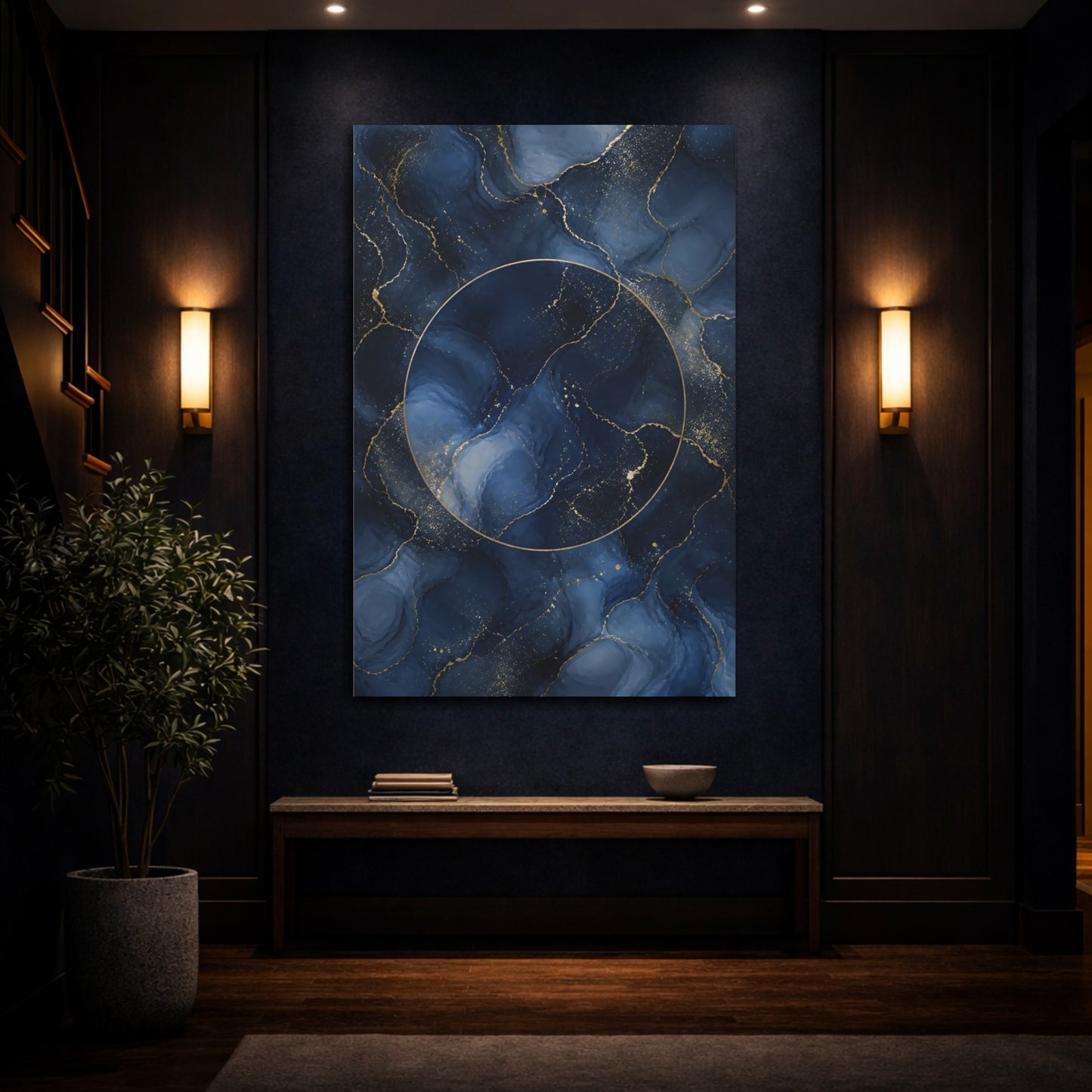 Mockup 4. Abstract Fluid Abstract Navy Gold Abstract shown as stretched canvas wall art