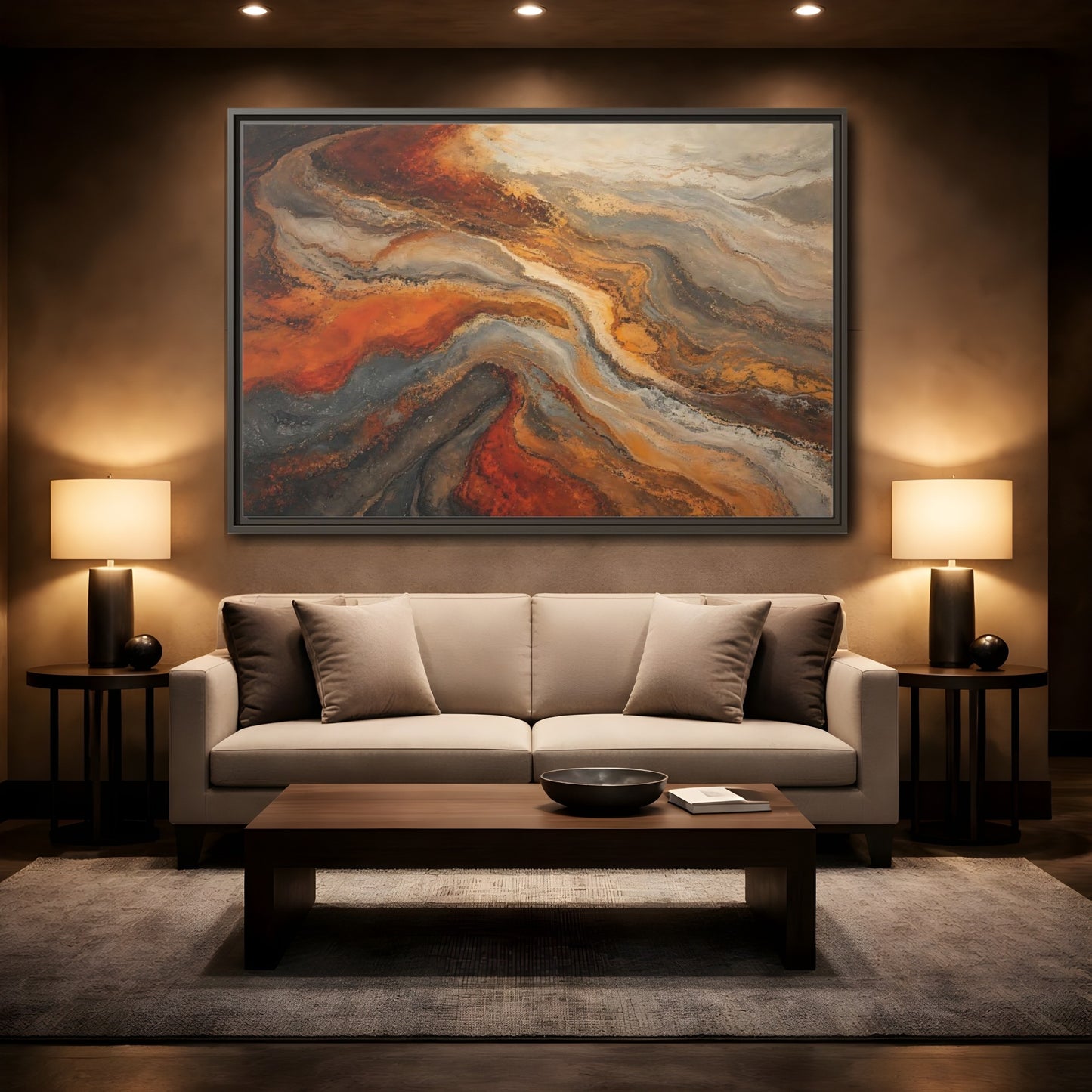 Mockup 2. Abstract Fluid Abstract Orange And Grey Abstract shown as framed canvas print