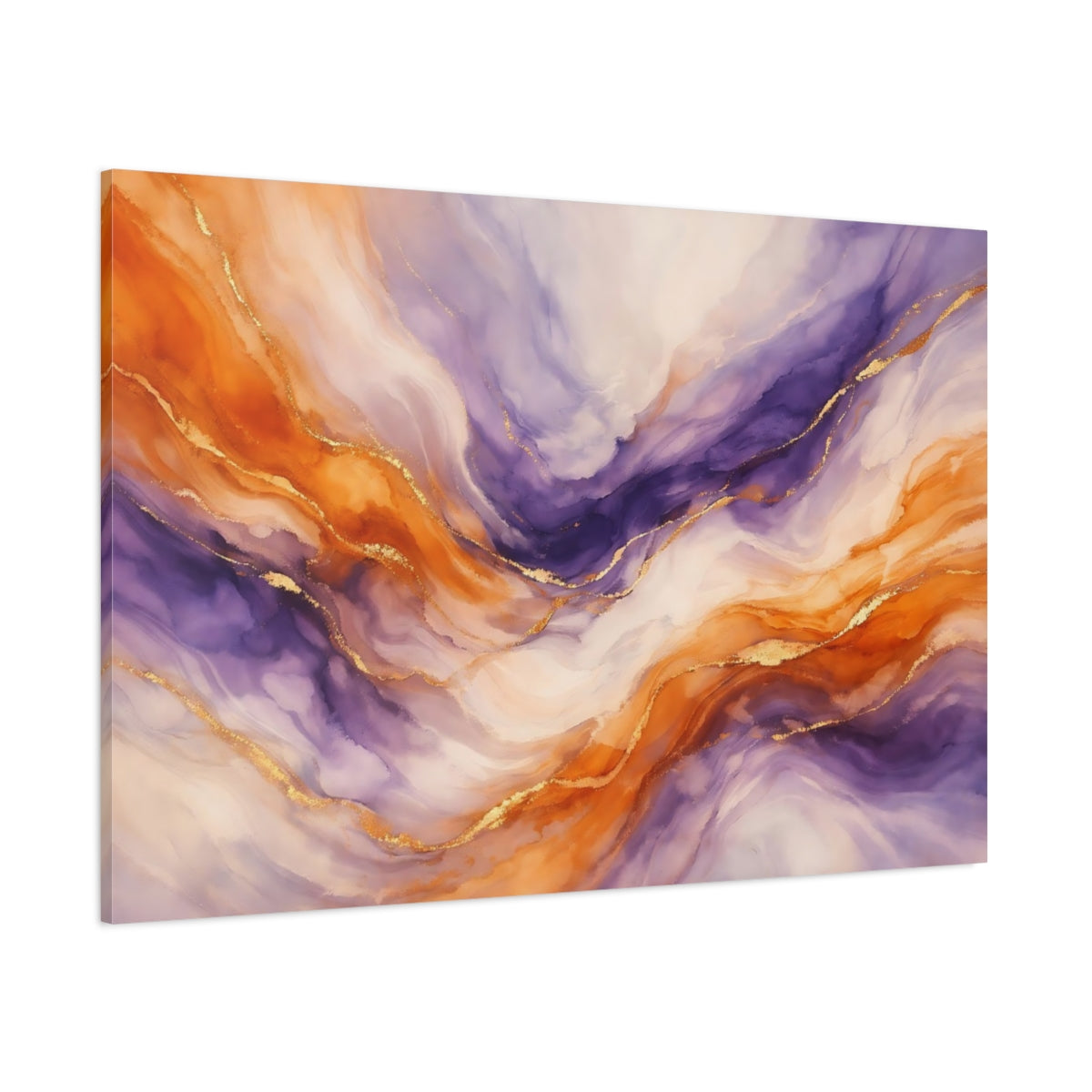 Main Mockup. Abstract Fluid Abstract Orange Purple Gold shown as stretched canvas wall art
