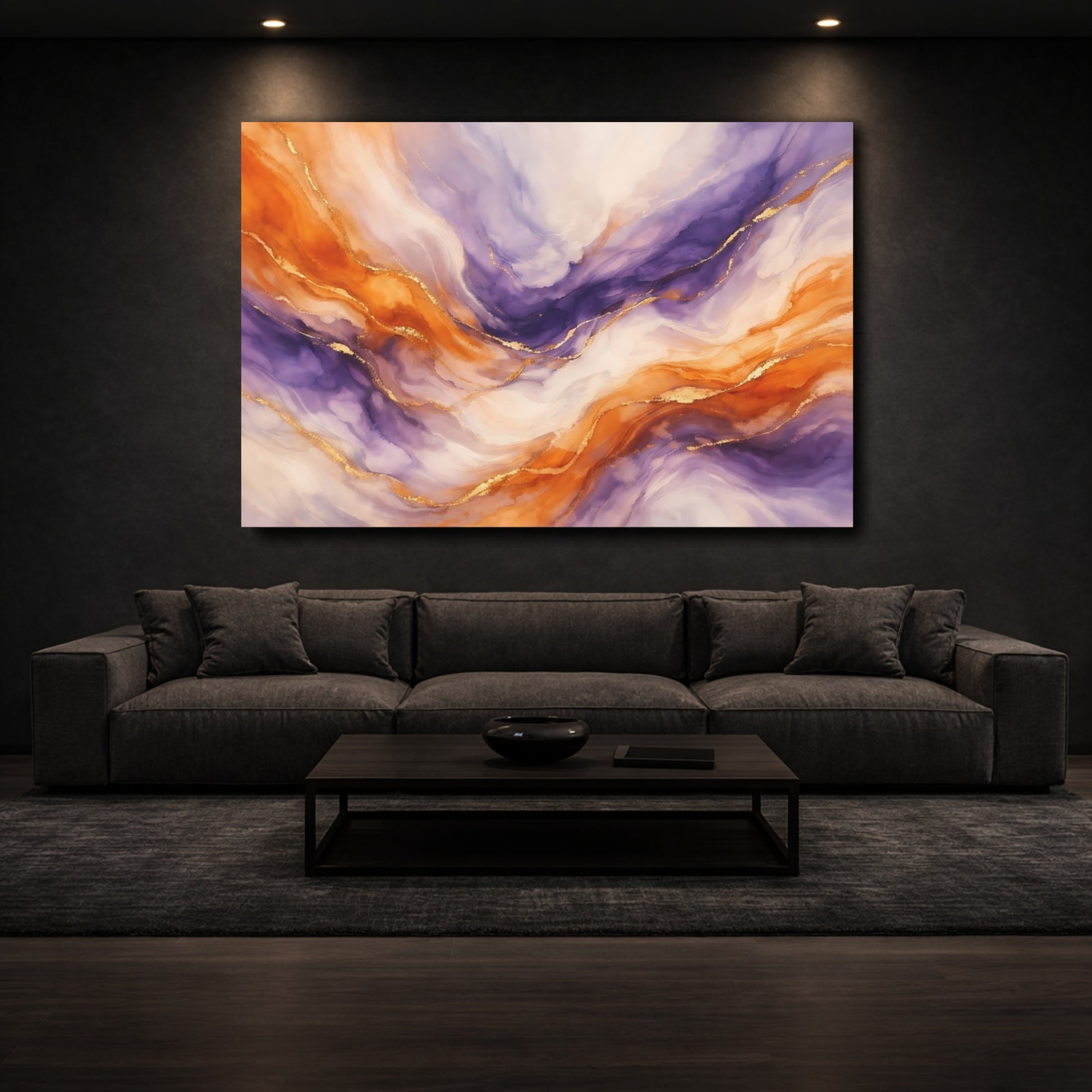 Mockup 2. Abstract Fluid Abstract Orange Purple Gold shown as stretched canvas wall art