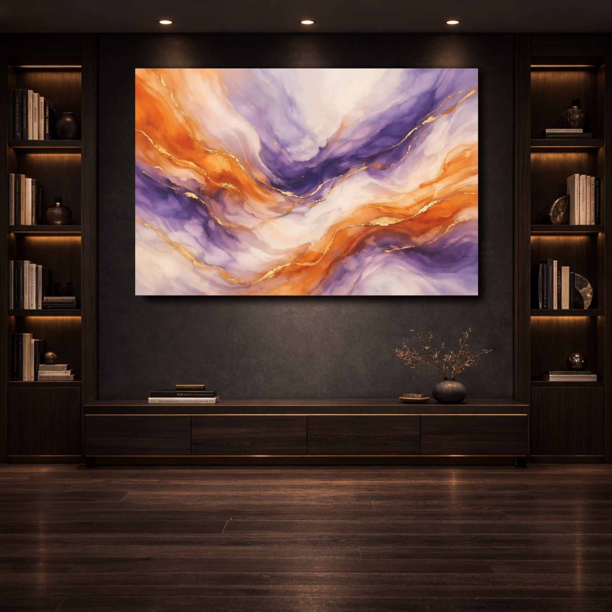 Mockup 3. Abstract Fluid Abstract Orange Purple Gold shown as stretched canvas wall art