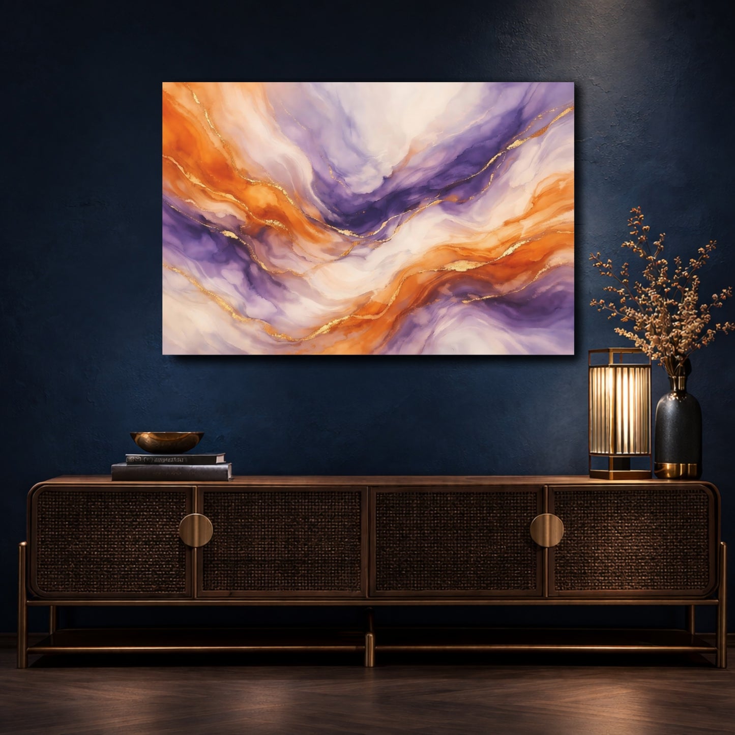 Mockup 4. Abstract Fluid Abstract Orange Purple Gold shown as stretched canvas wall art