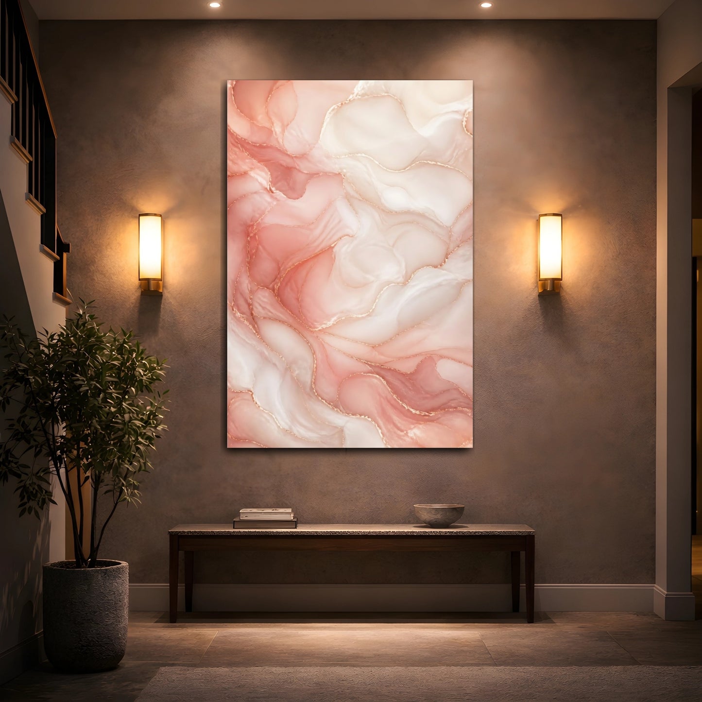 Mockup 2. Abstract Fluid Abstract Pink And Gold Abstract shown as stretched canvas wall art
