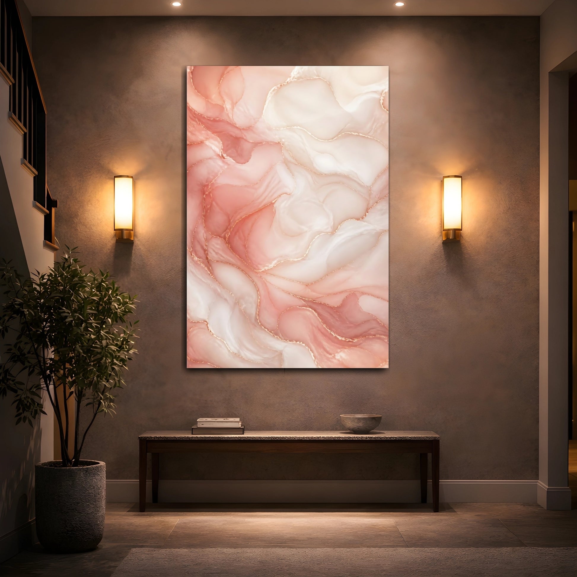 Mockup 2. Abstract Fluid Abstract Pink And Gold Abstract shown as stretched canvas wall art