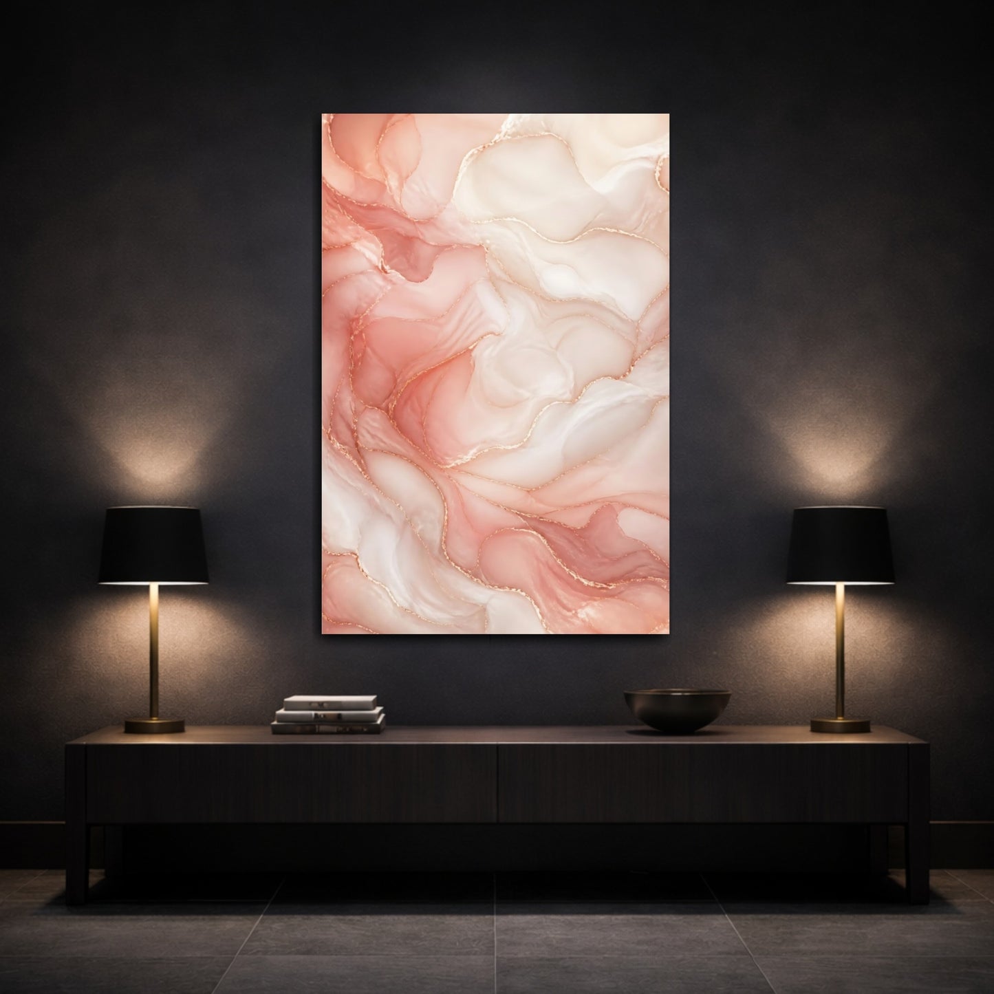 Mockup 3. Abstract Fluid Abstract Pink And Gold Abstract shown as stretched canvas wall art