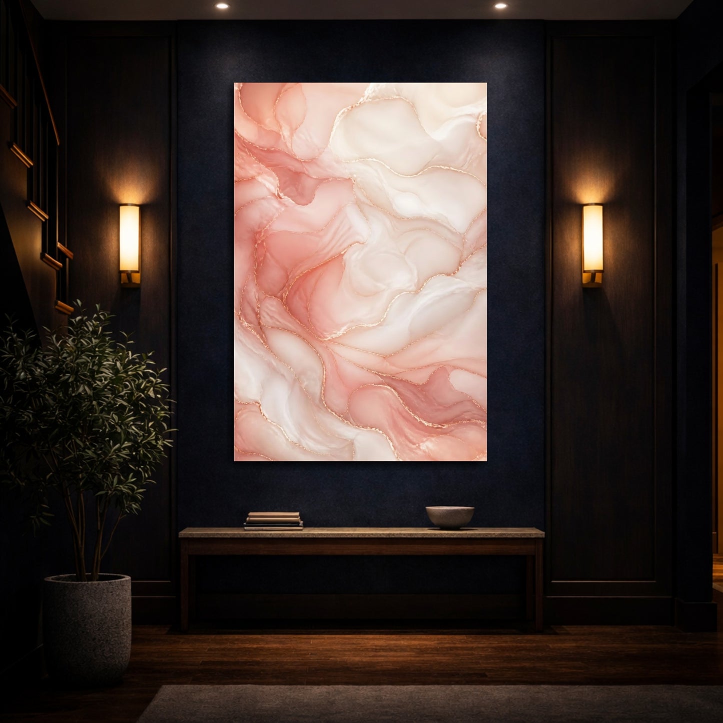 Mockup 4. Abstract Fluid Abstract Pink And Gold Abstract shown as stretched canvas wall art