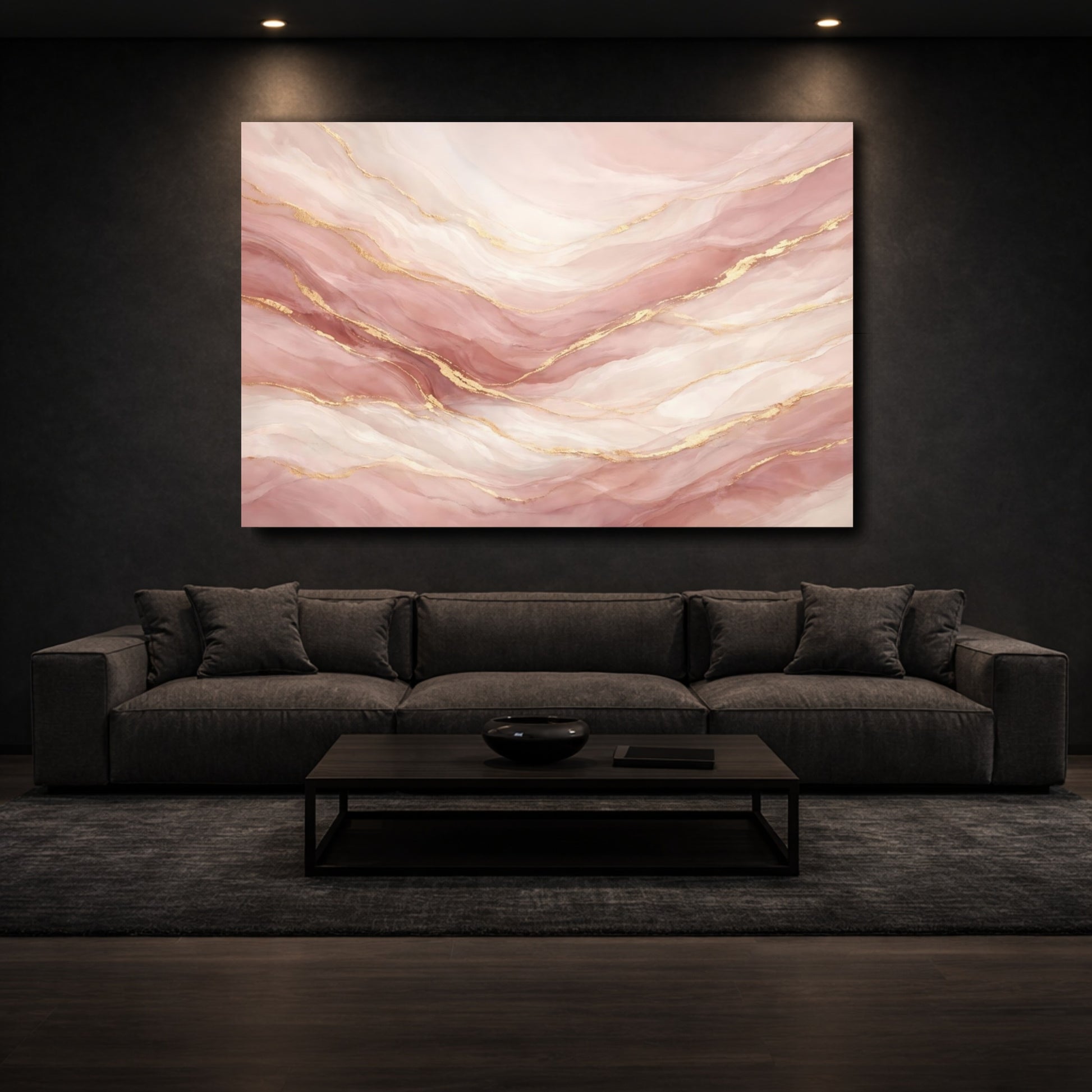 Mockup 2. Abstract Fluid Abstract Pink And Gold shown as stretched canvas wall art