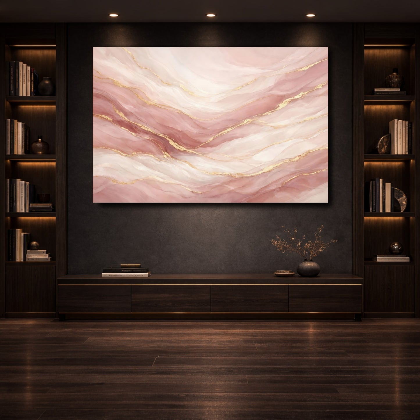 Mockup 3. Abstract Fluid Abstract Pink And Gold shown as stretched canvas wall art