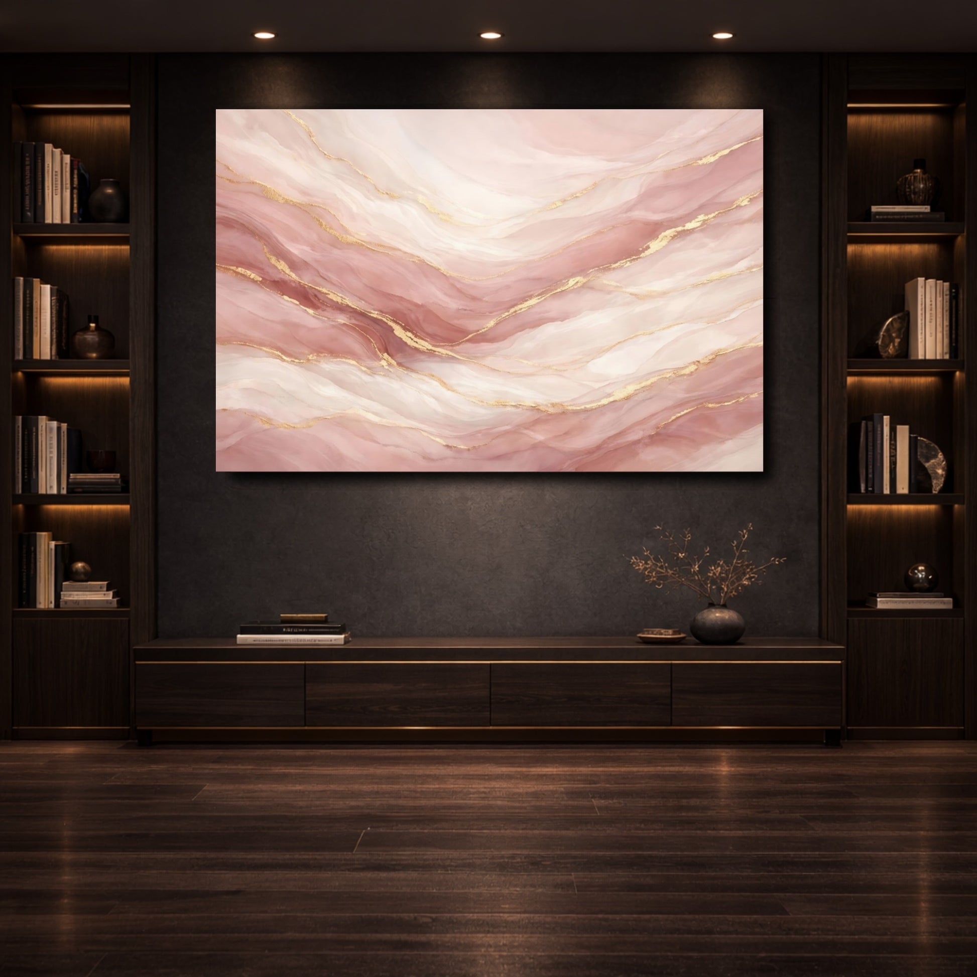 Mockup 3. Abstract Fluid Abstract Pink And Gold shown as stretched canvas wall art