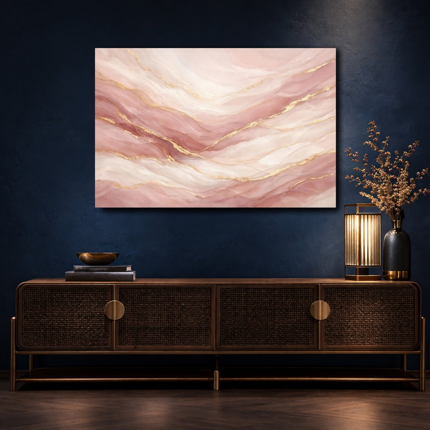 Mockup 4. Abstract Fluid Abstract Pink And Gold shown as stretched canvas wall art