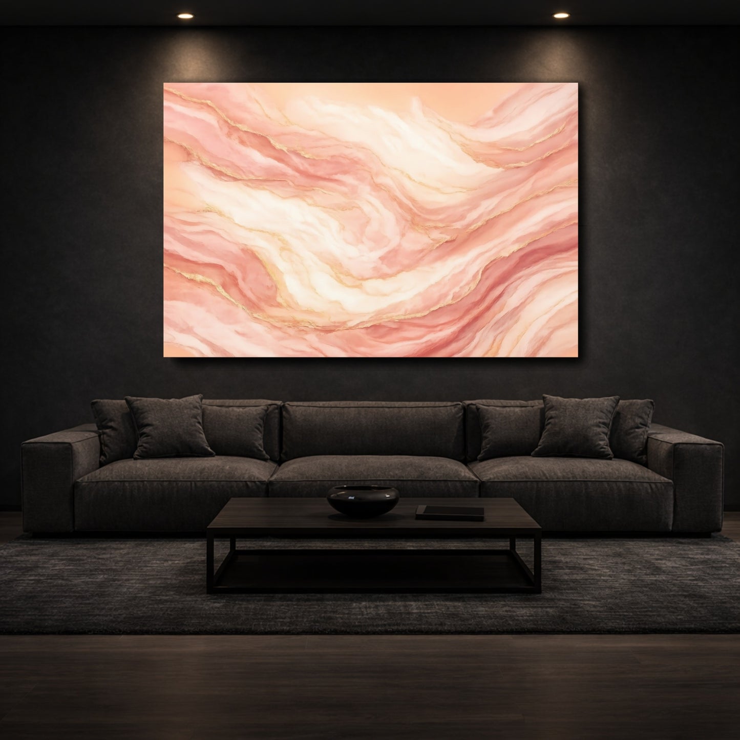 Mockup 2. Abstract Fluid Abstract Pink Gold shown as stretched canvas wall art