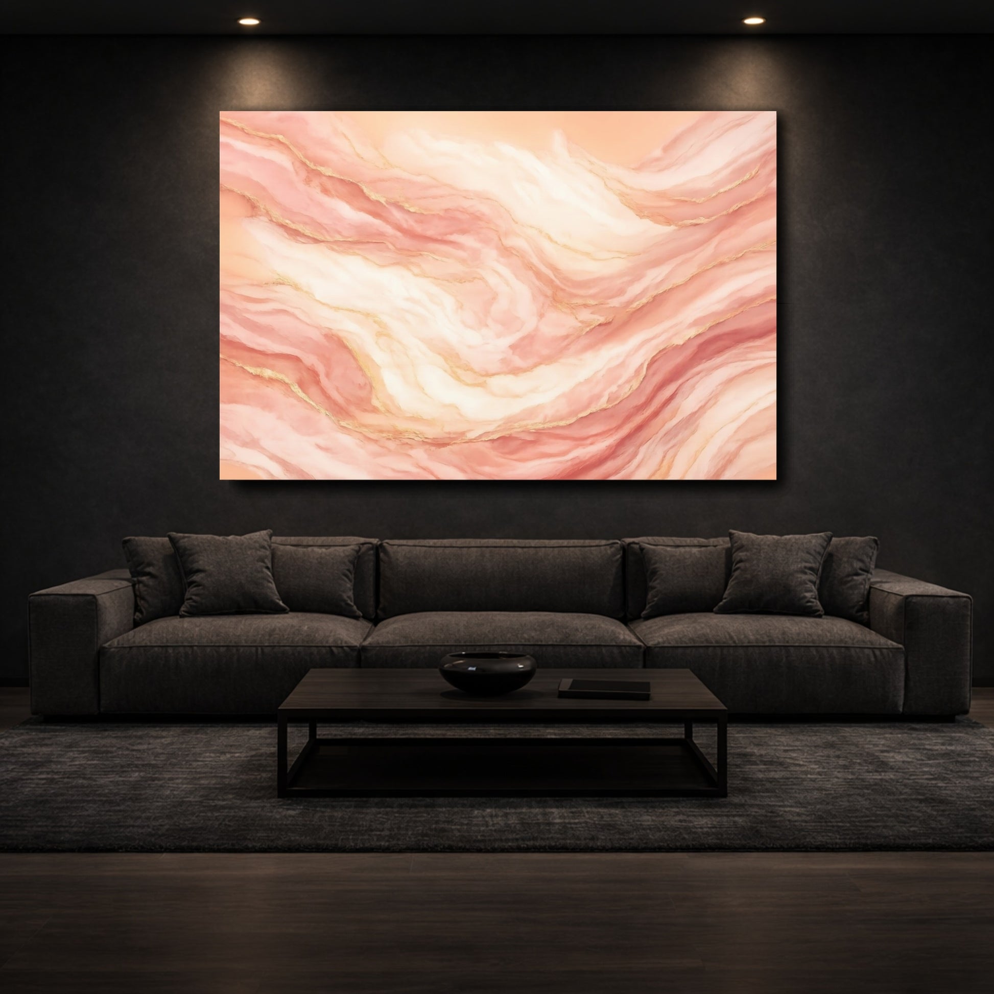 Mockup 2. Abstract Fluid Abstract Pink Gold shown as stretched canvas wall art