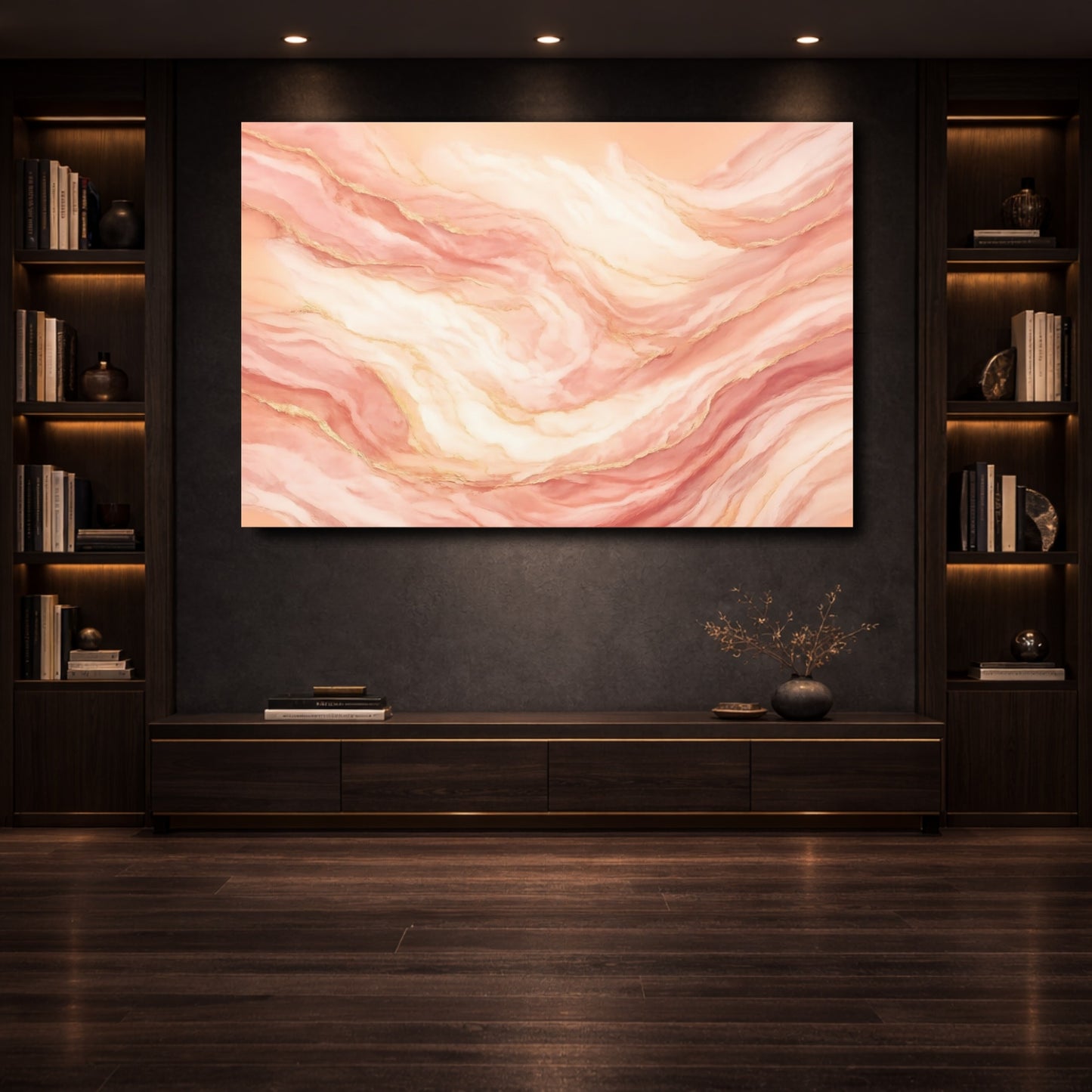 Mockup 3. Abstract Fluid Abstract Pink Gold shown as stretched canvas wall art