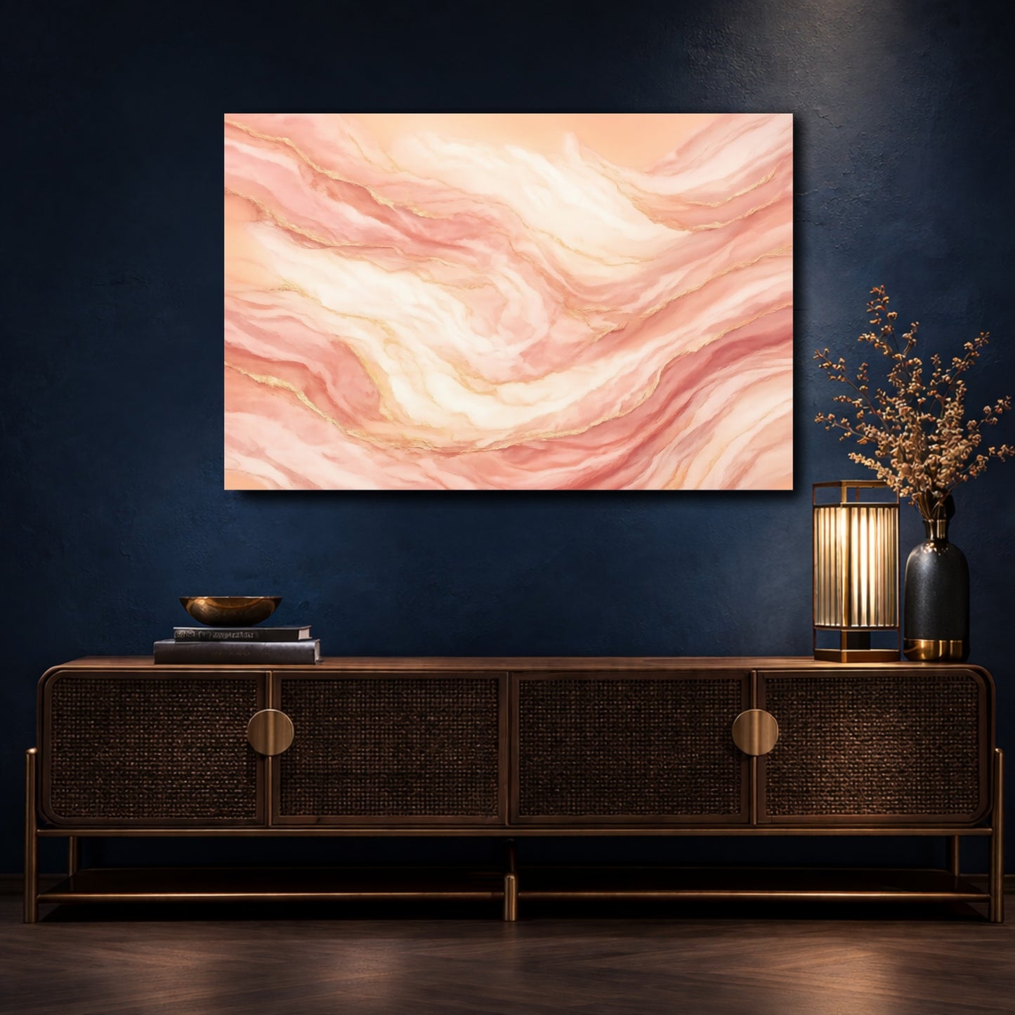 Mockup 4. Abstract Fluid Abstract Pink Gold shown as stretched canvas wall art