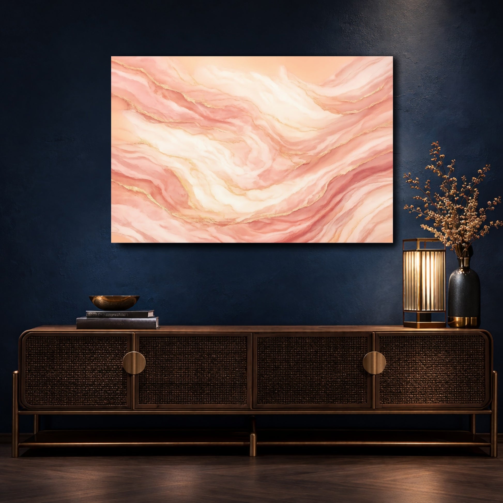 Mockup 4. Abstract Fluid Abstract Pink Gold shown as stretched canvas wall art