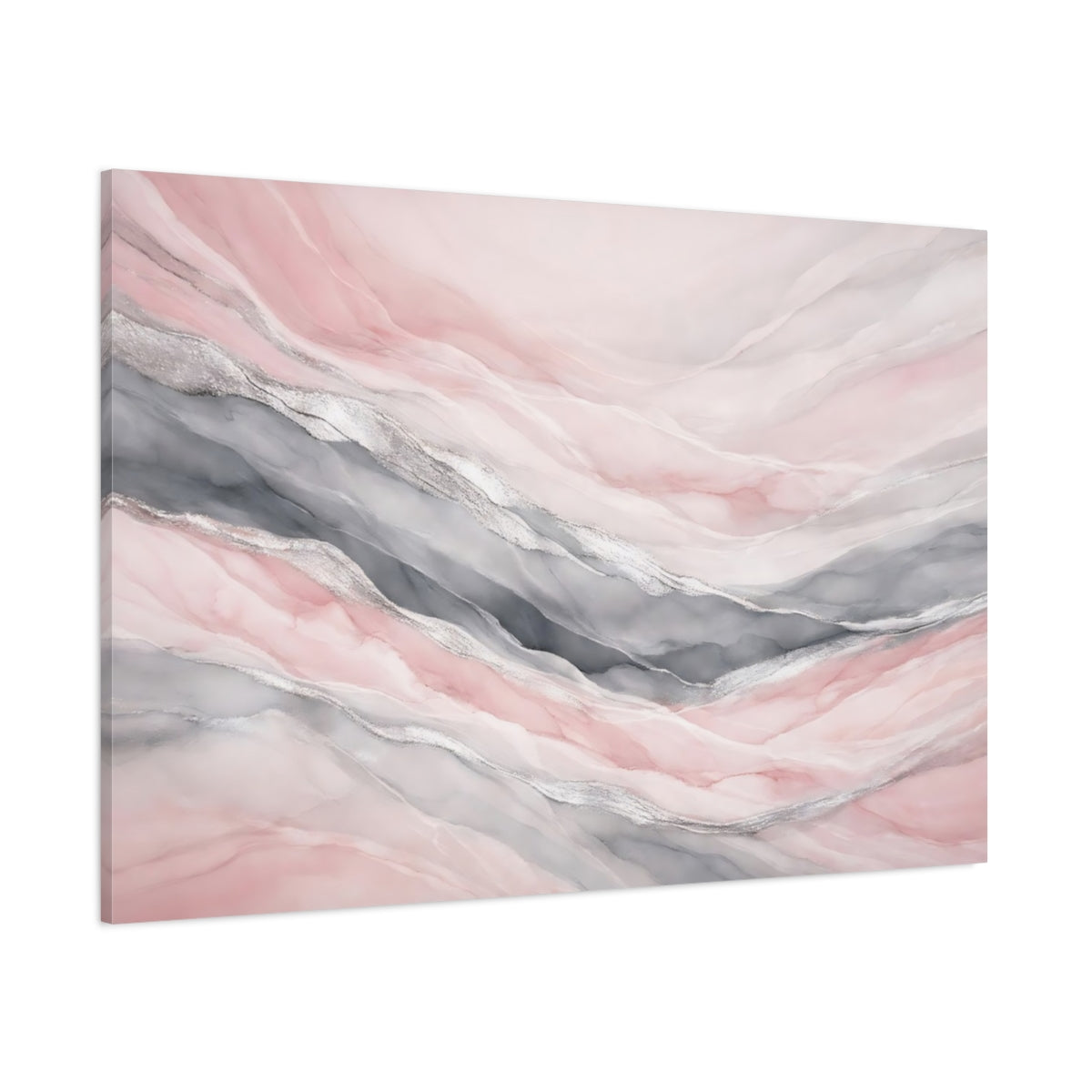 Main Mockup. Abstract Fluid Abstract Pink Grey Silver shown as stretched canvas wall art