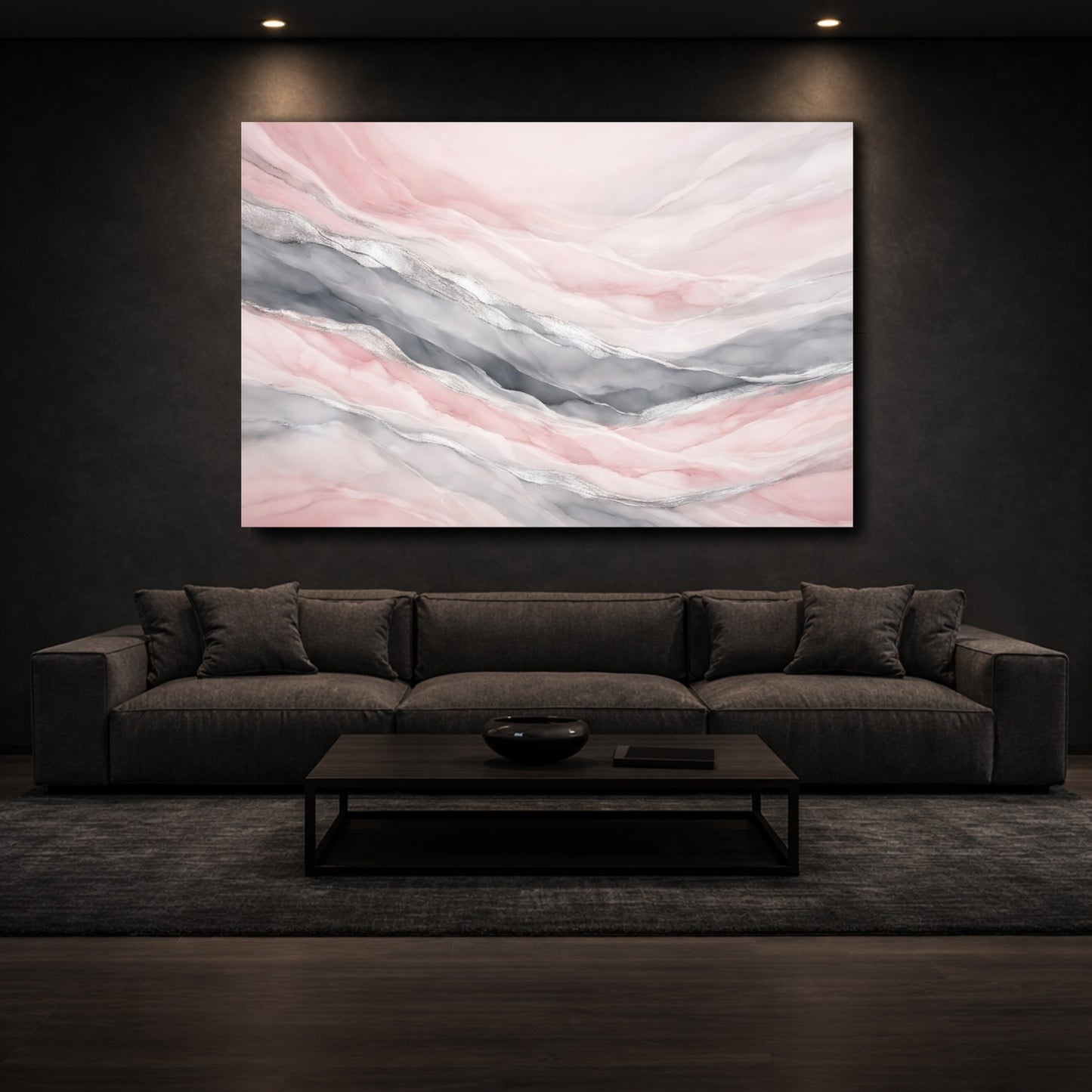 Mockup 2. Abstract Fluid Abstract Pink Grey Silver shown as stretched canvas wall art