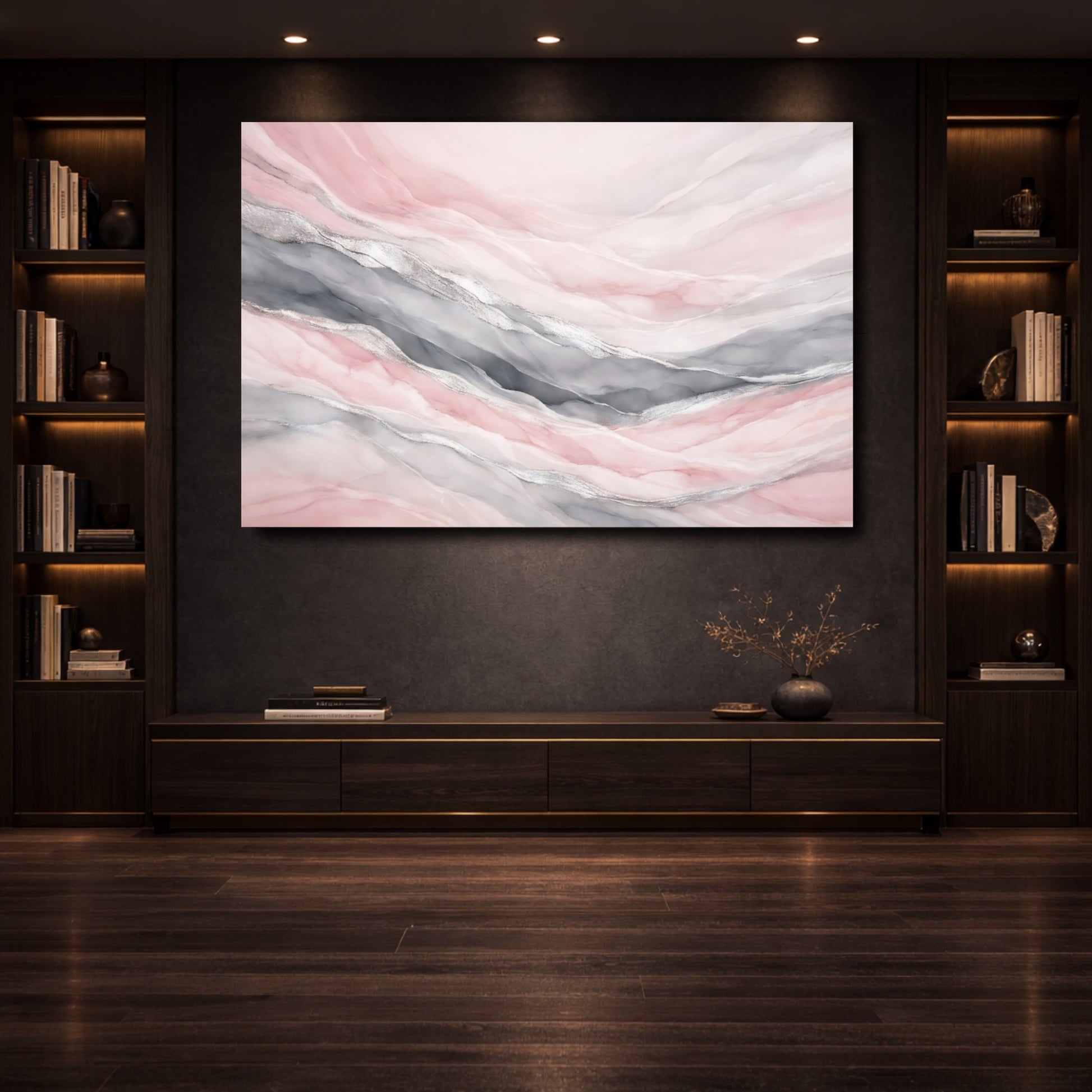 Mockup 3. Abstract Fluid Abstract Pink Grey Silver shown as stretched canvas wall art