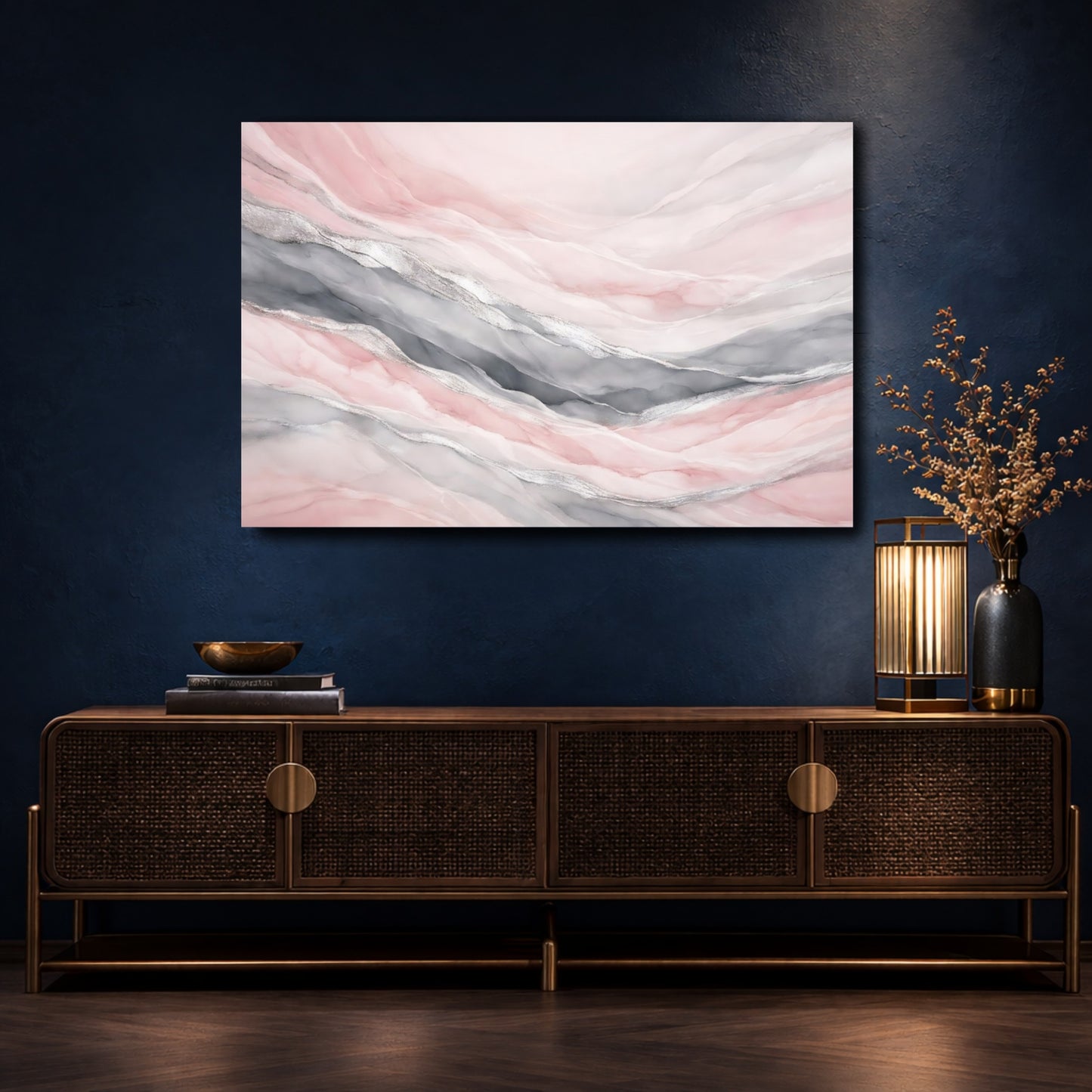 Mockup 4. Abstract Fluid Abstract Pink Grey Silver shown as stretched canvas wall art