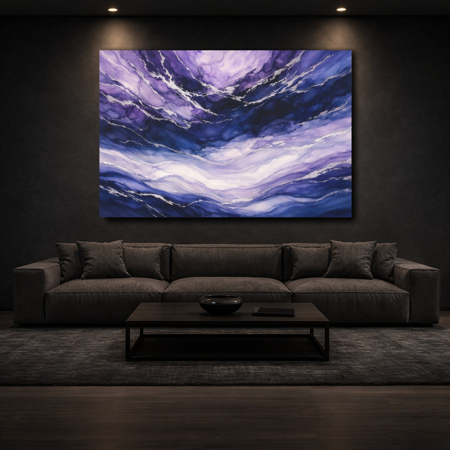 Mockup 2. Abstract Fluid Abstract Purple And Blue Abstract shown as stretched canvas wall art