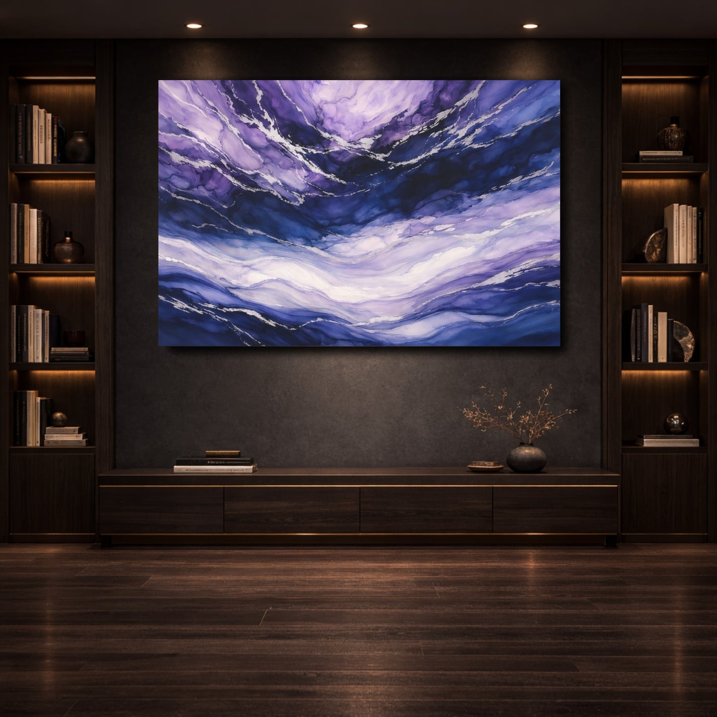 Mockup 3. Abstract Fluid Abstract Purple And Blue Abstract shown as stretched canvas wall art