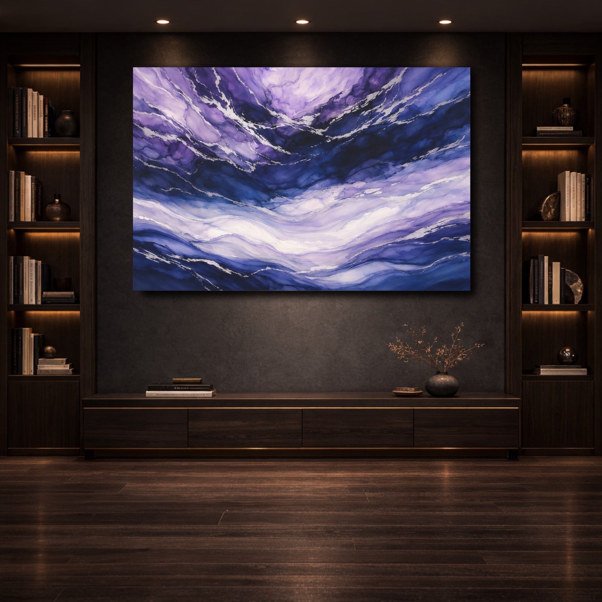 Mockup 3. Abstract Fluid Abstract Purple And Blue Abstract shown as stretched canvas wall art