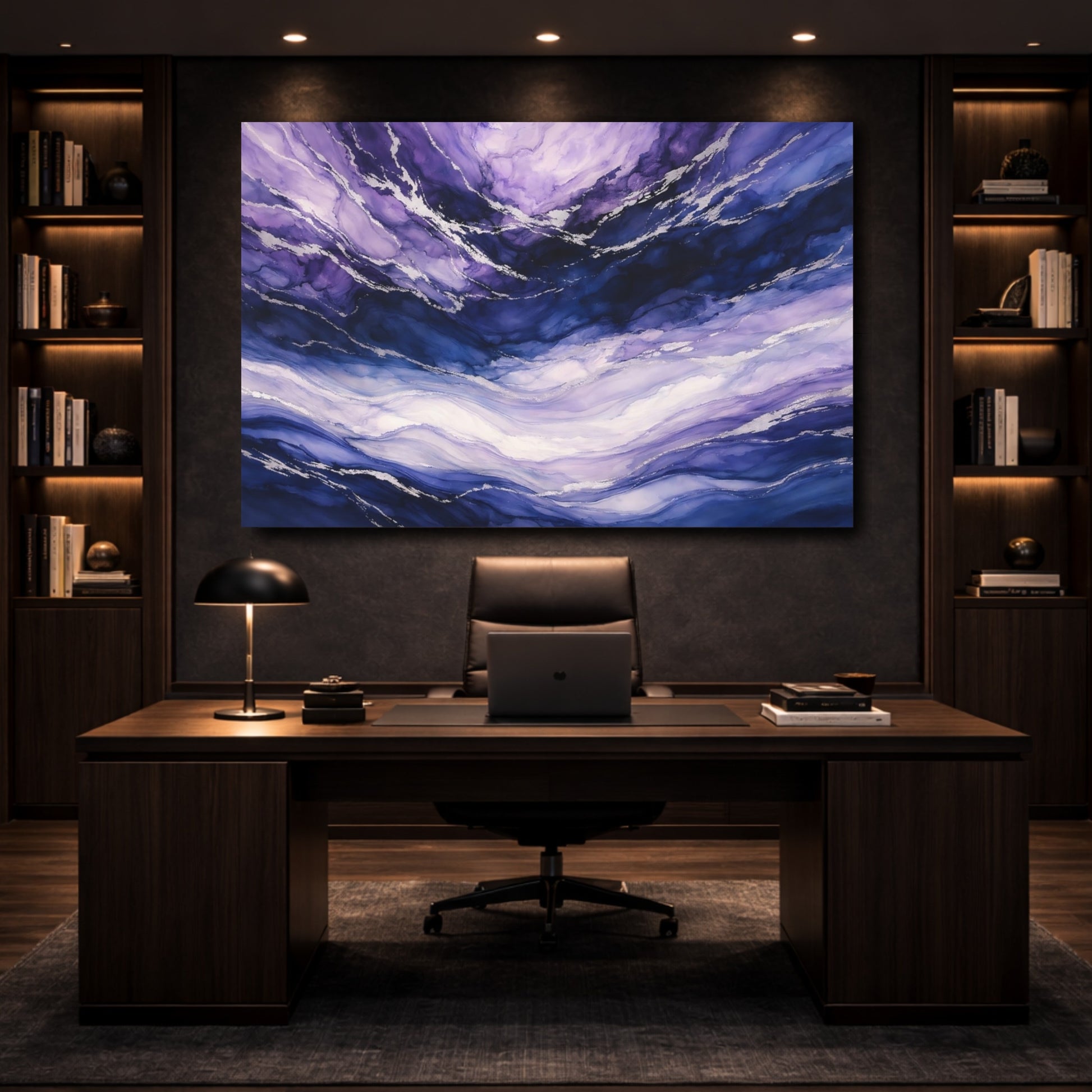 Mockup 4. Abstract Fluid Abstract Purple And Blue Abstract shown as stretched canvas wall art